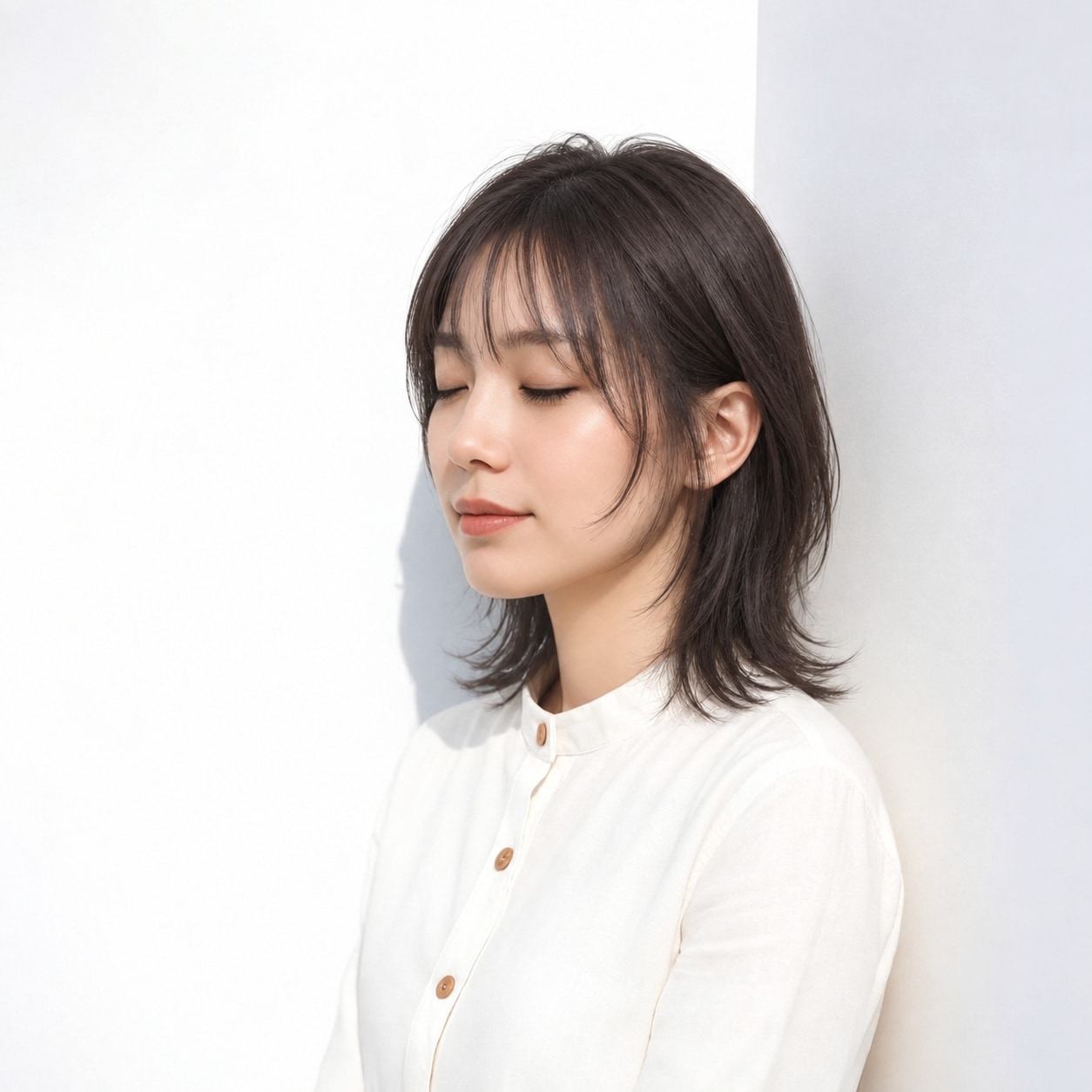 3. ハッシュカット × ミディアム × ショートレイヤー：顔の近くに動きが集まり、長いえり足との段差が映えます