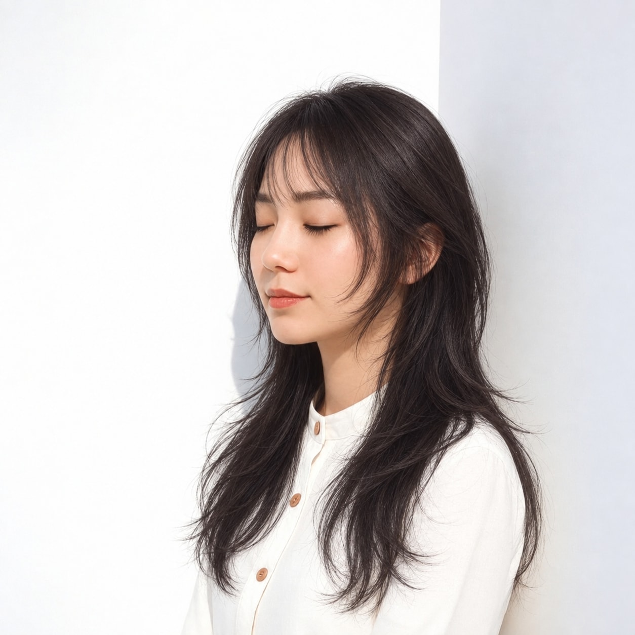 3. ハッシュカット × ロング × 頬に落ちる短いレイヤー：顔の近くに動きが集まり、長いえり足との段差が映えます