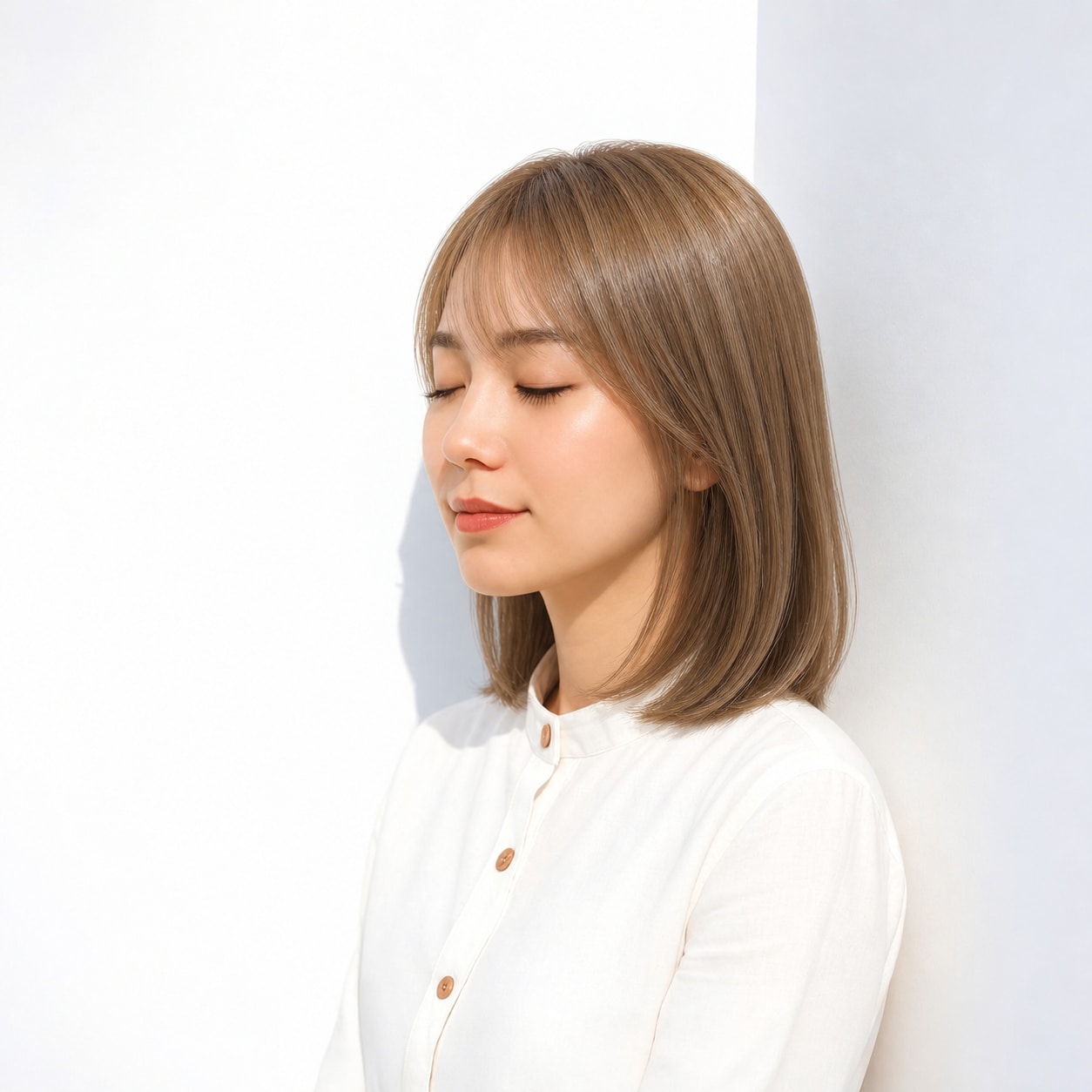 薄めの前髪と肩丈の髪に合わせたハニーベージュ