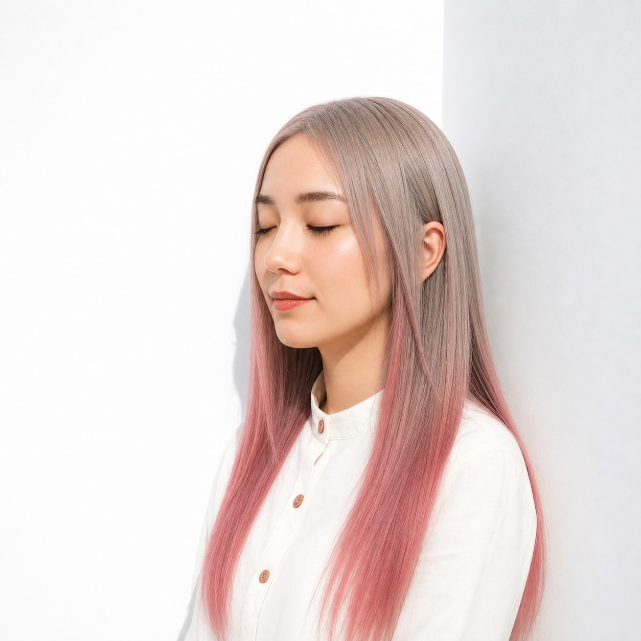 3. ピンクグラデーション×ストレートロング: 淡いピンクベージュで毛先が柔らかい印象になる
