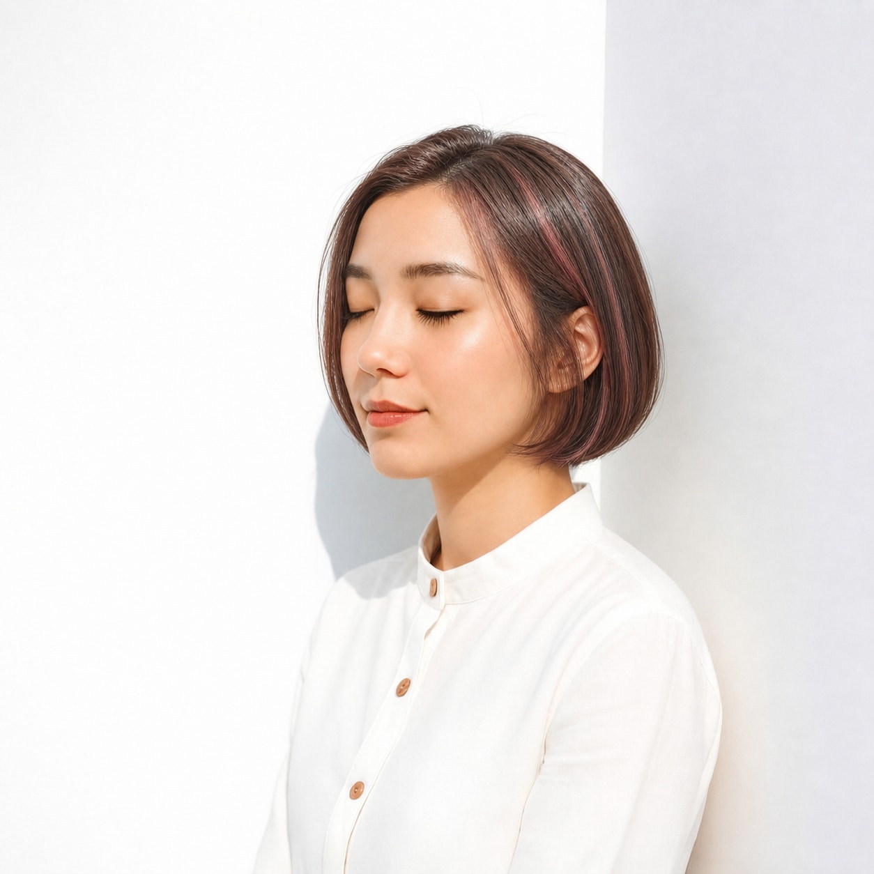 3. ピンクハイライト×ボブ: くすみローズピンクの細いラインで派手になりすぎない
