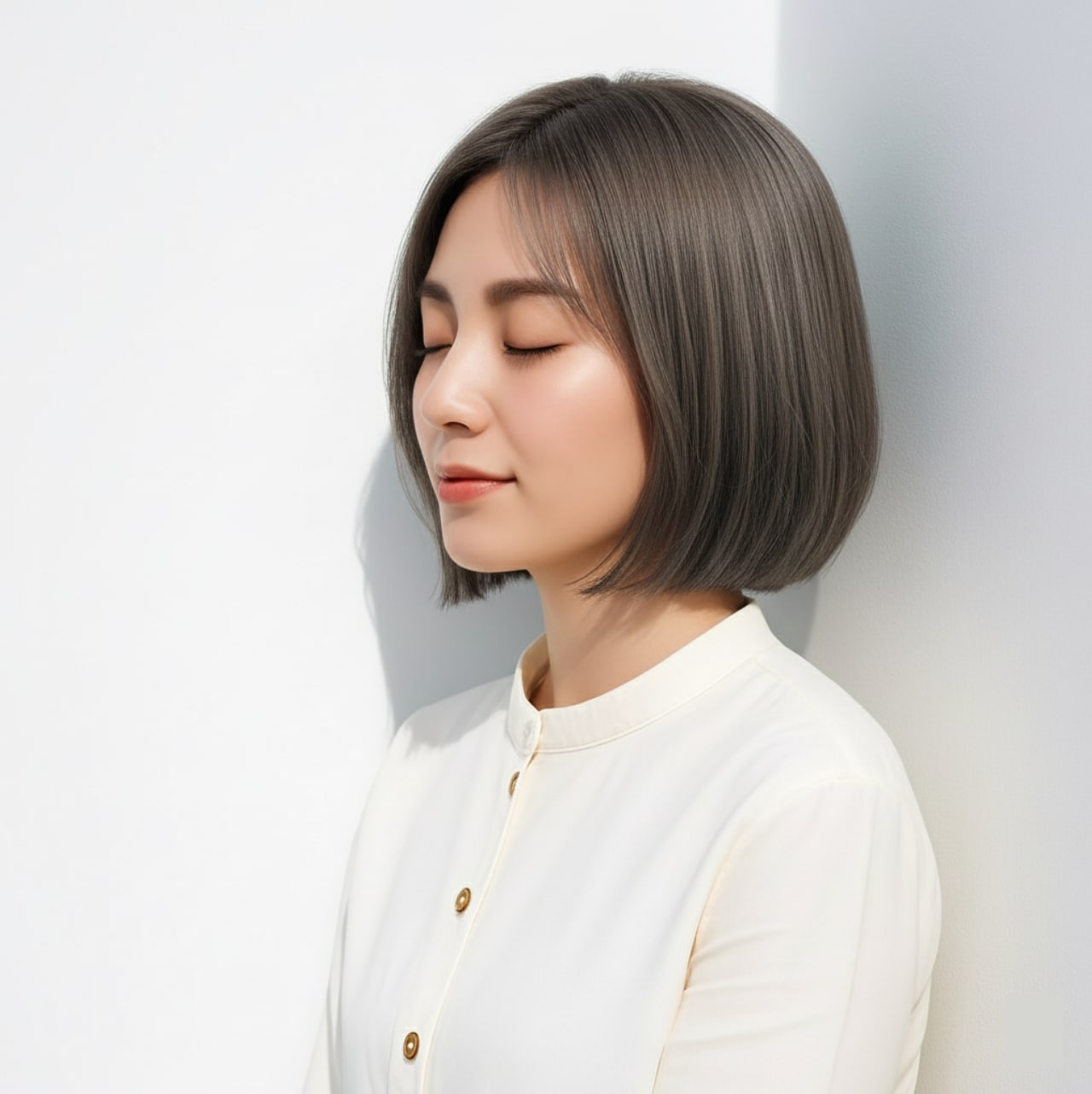 3. ブラウンアッシュグレー×タイトなボブ：落ち着きの中に深みを感じるニュアンスカラー