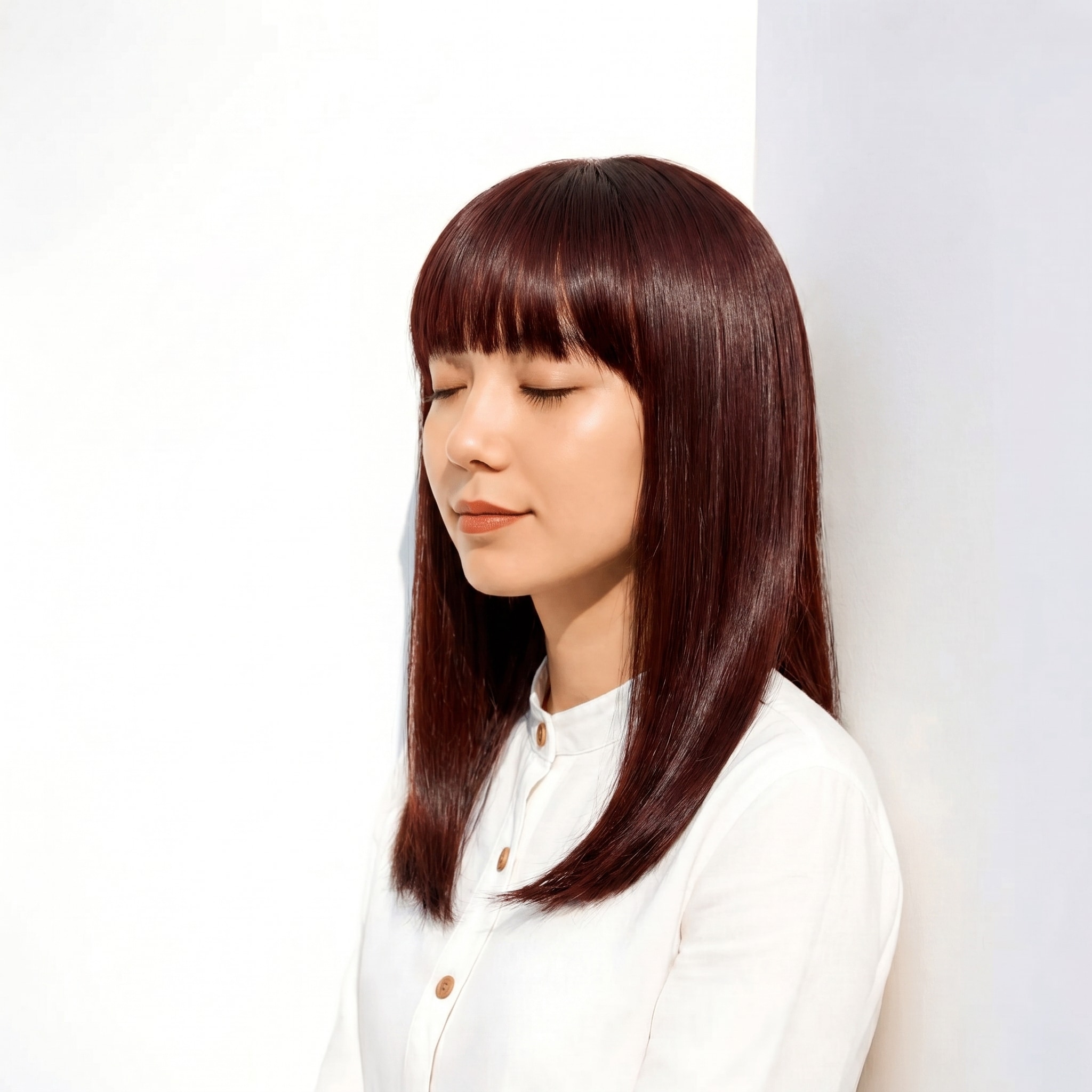 3. ブリーチなしピンクブラウン×ストレート：Iラインのミディが光を拾い美しいラインを演出