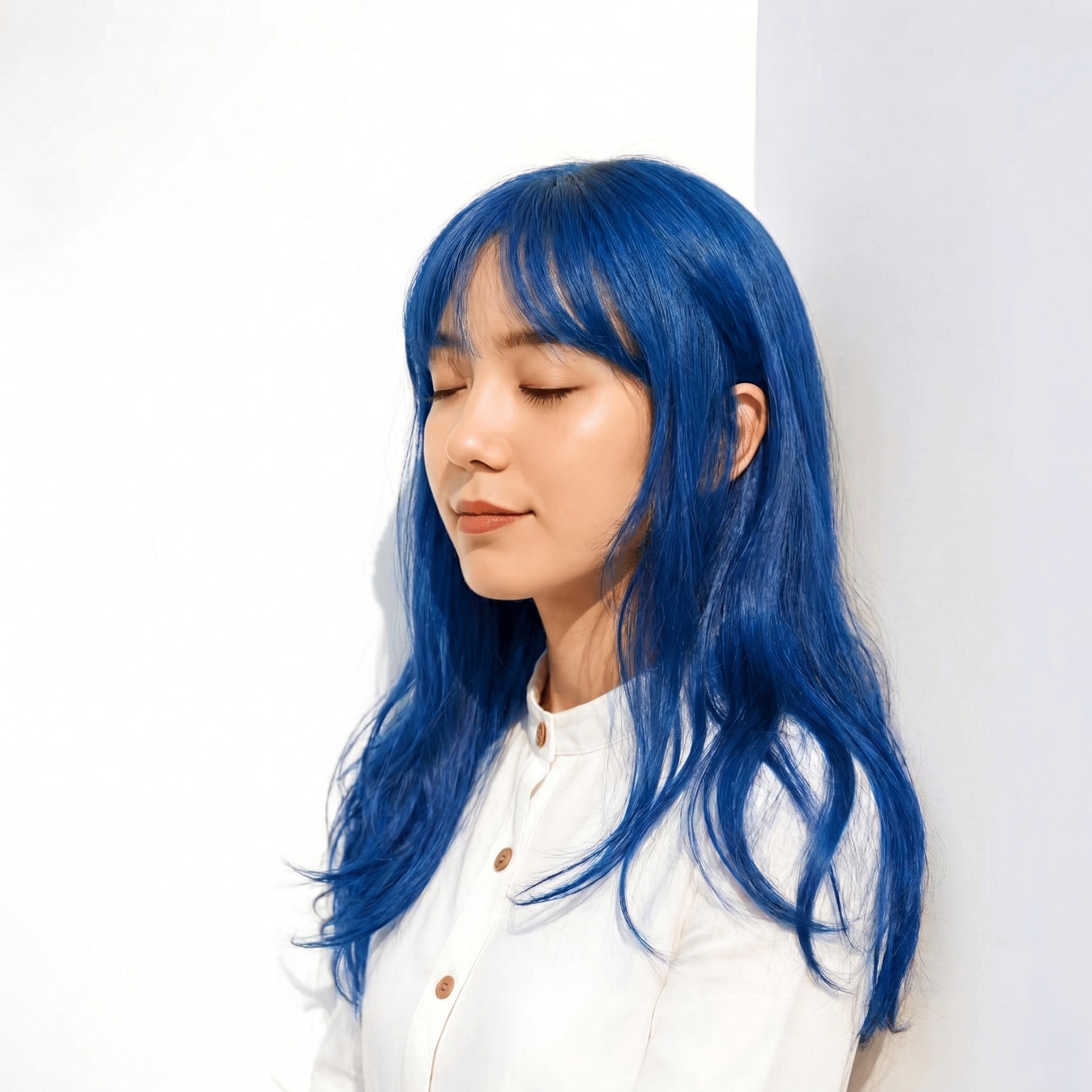 3. ブルーアッシュ×セミロング：Sウェーブで軽やかに動くスタイル