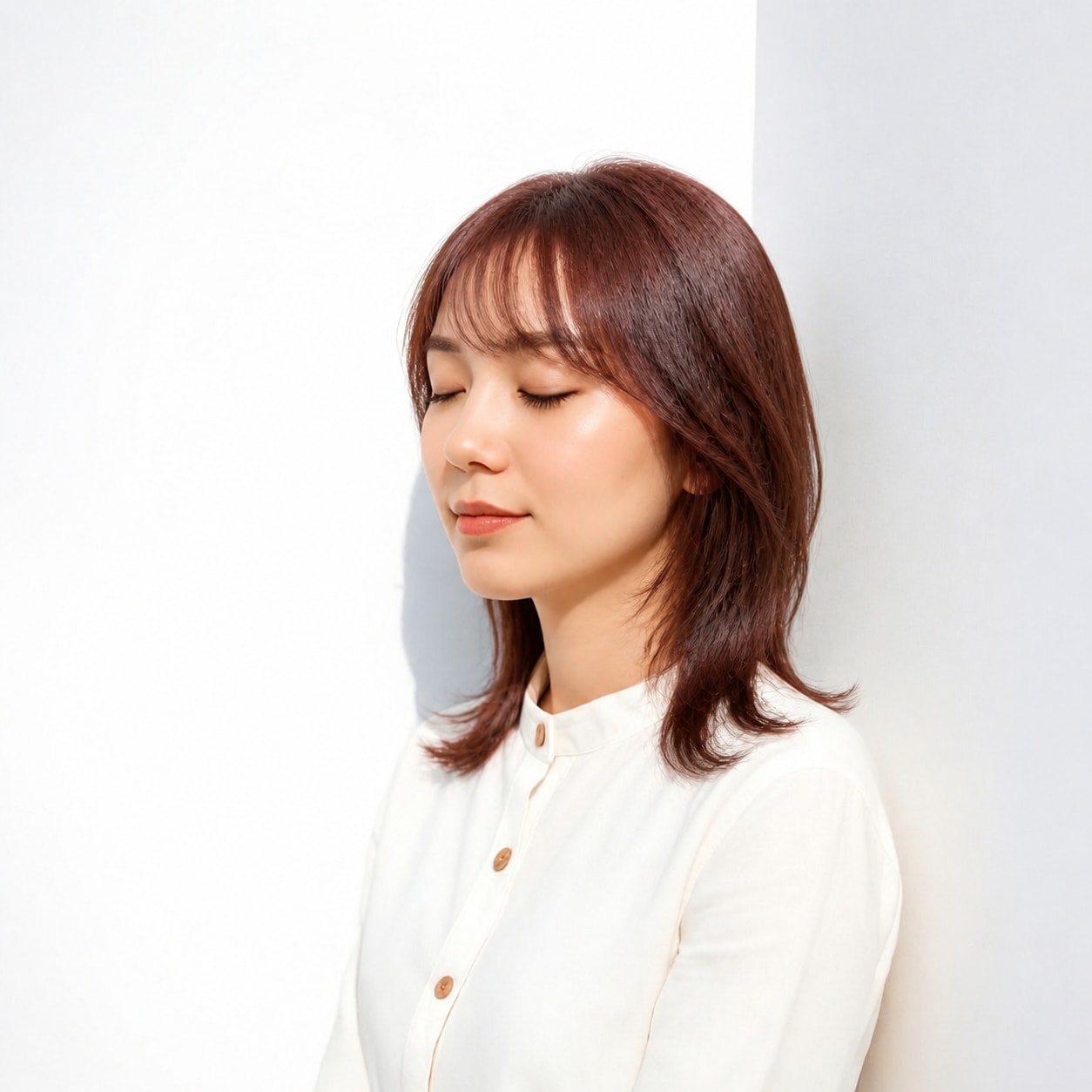 3. フレンチバング × レッドブラウン：顔まわりを華やかに