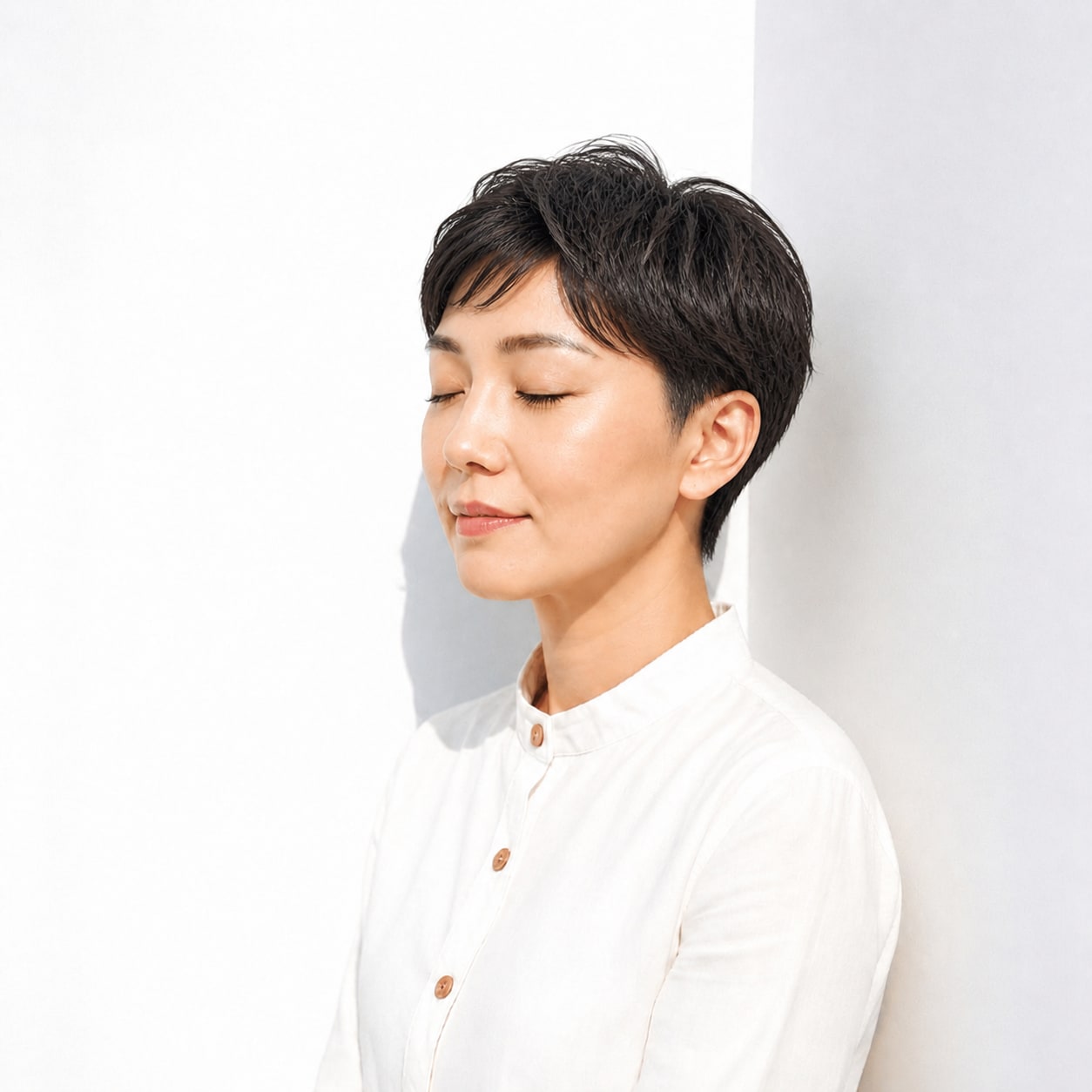 3. ベリーショート × 黒髪ウェーブ：40代を凛と華やかに