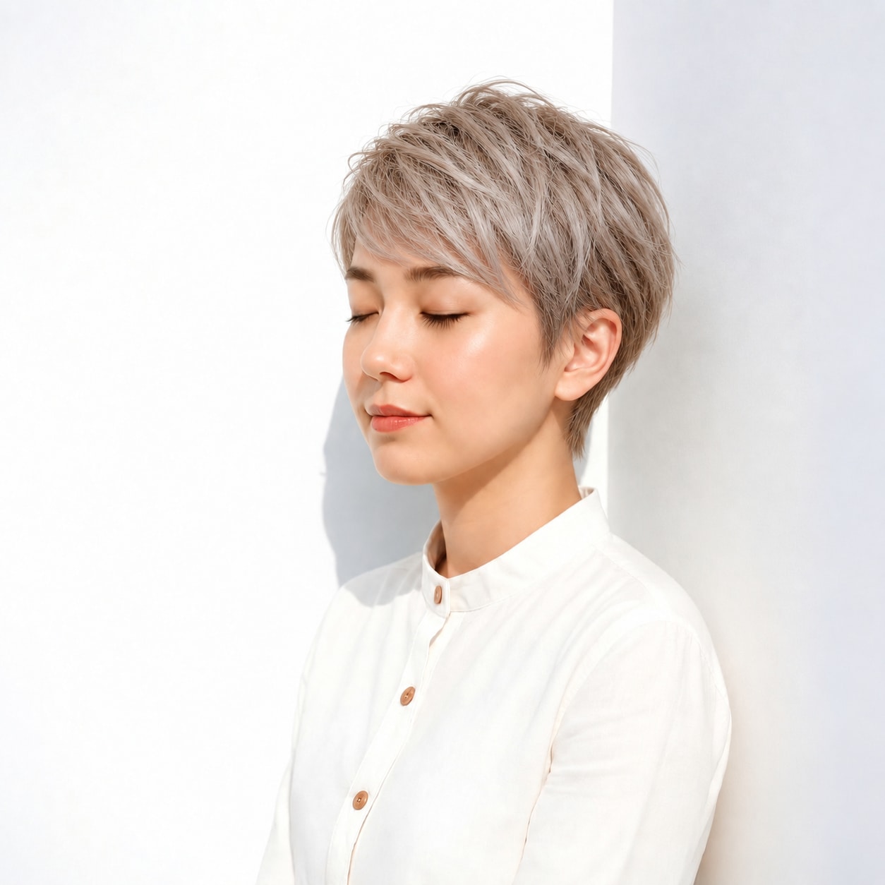 3. ベリーショート × ベージュ：トップの動きで軽快に