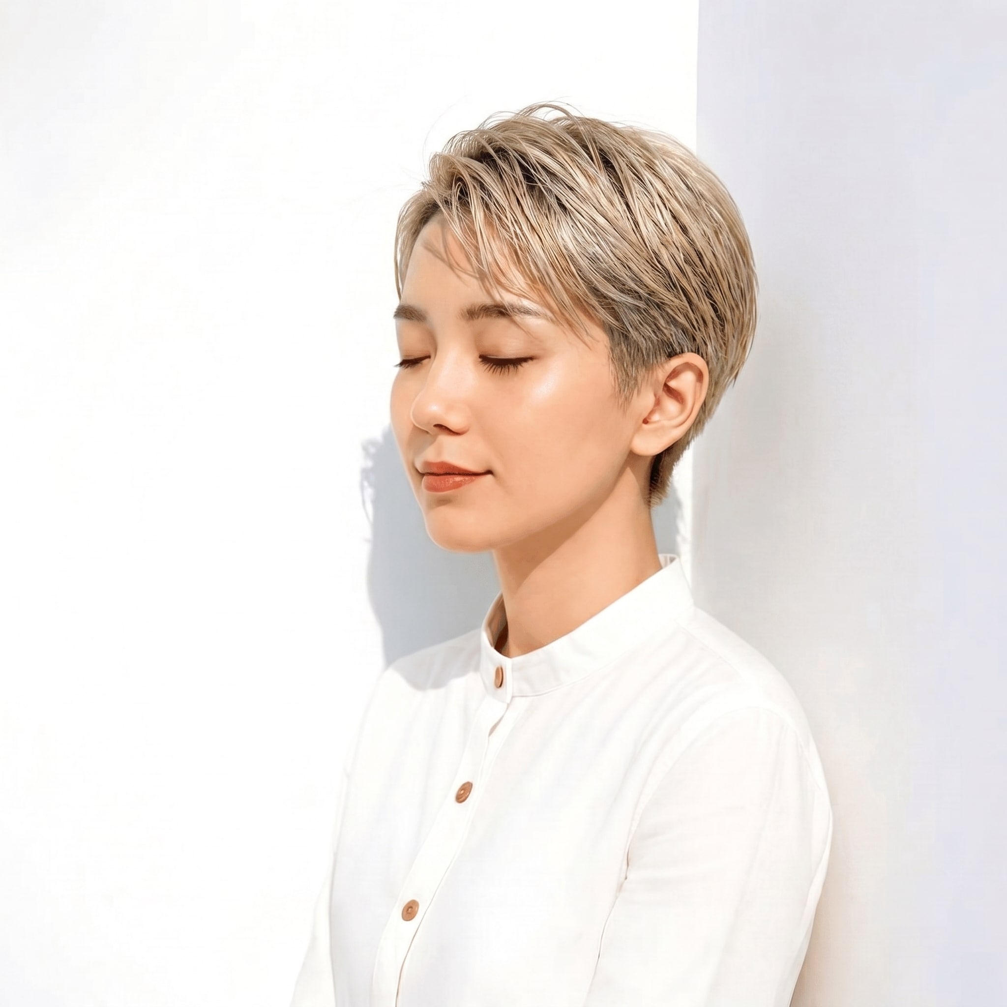 3. ホワイトグレージュ×ベリーショート: 軽快シルエットで涼しげな印象に