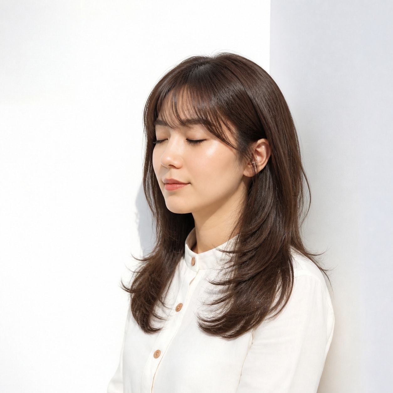 3. マロンブラウン × レイヤーミディ：顔まわりを軽やかに