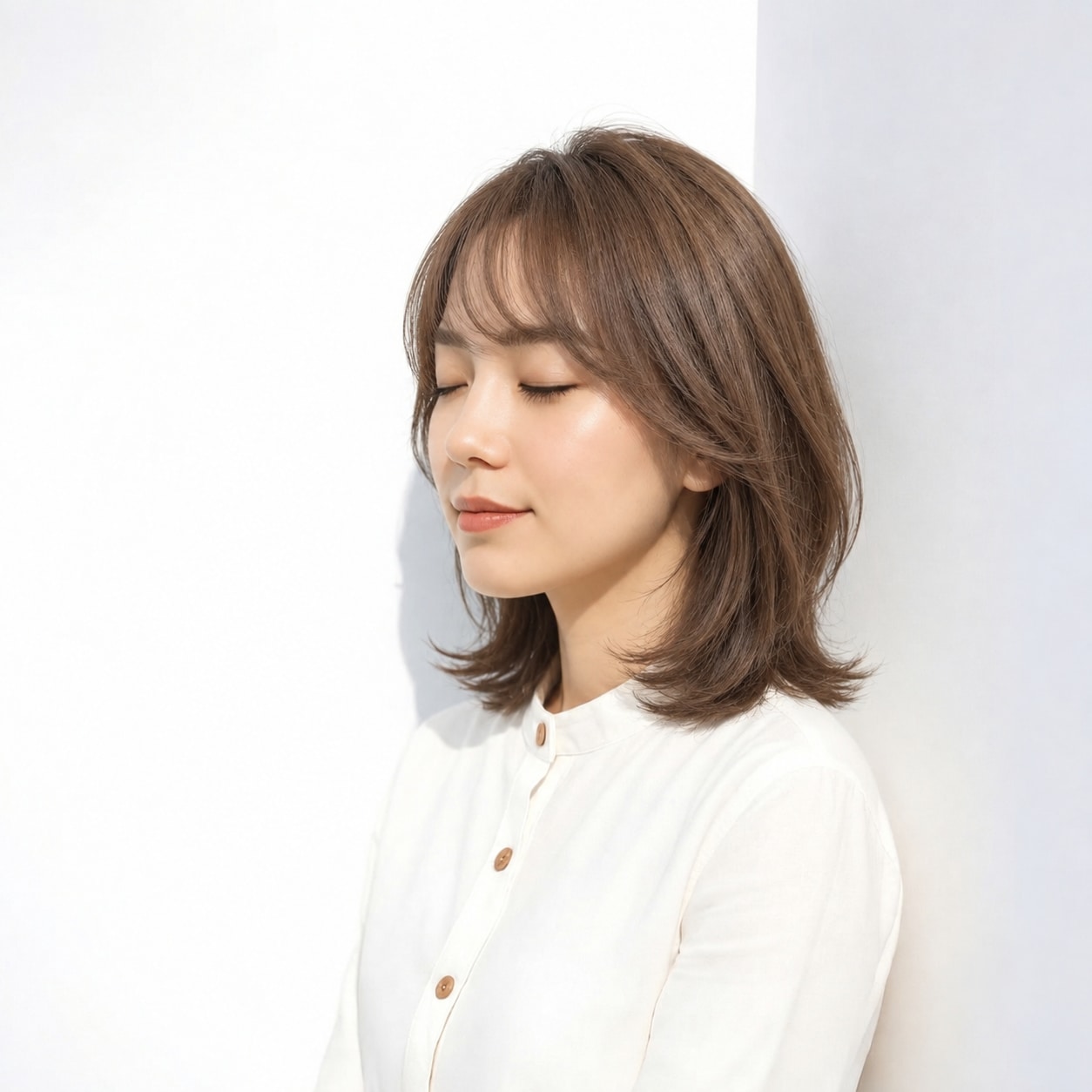3. ミディアムヘア × シースルーバング：額にすき間ができ、レイヤーの軽さが顔まわりまで続きます