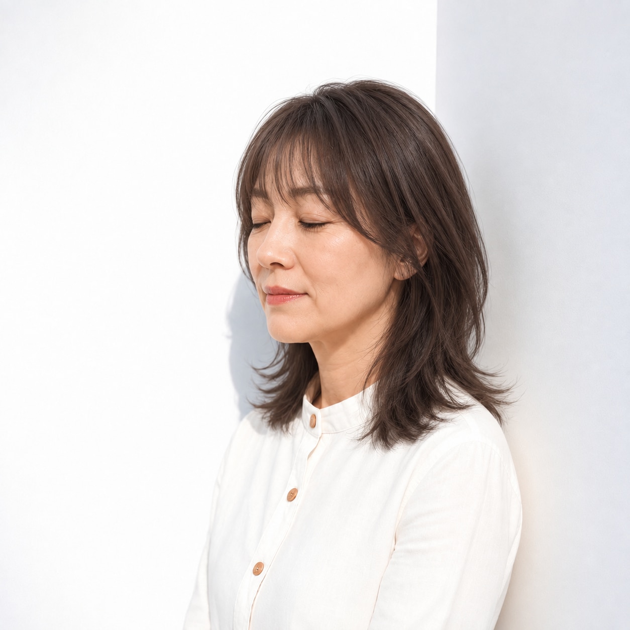 3. ミディアムレイヤー × 前髪あり × 表面レイヤー：髪の面が一枚に沈まず、横から見ても立体感が続きます