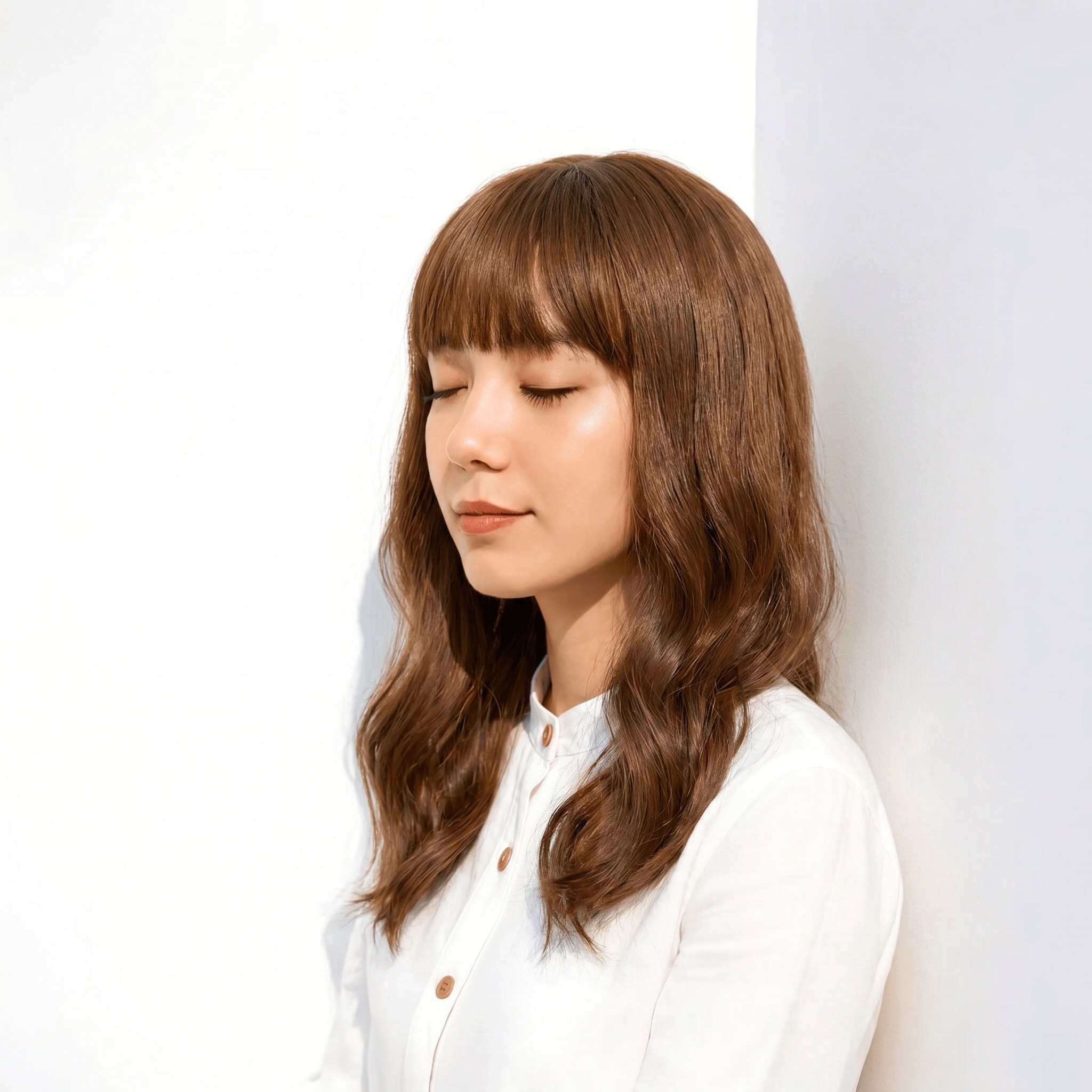 3. モカグレージュ×ミディアム: モードなツヤで、シンプルな髪型も凛と見せる