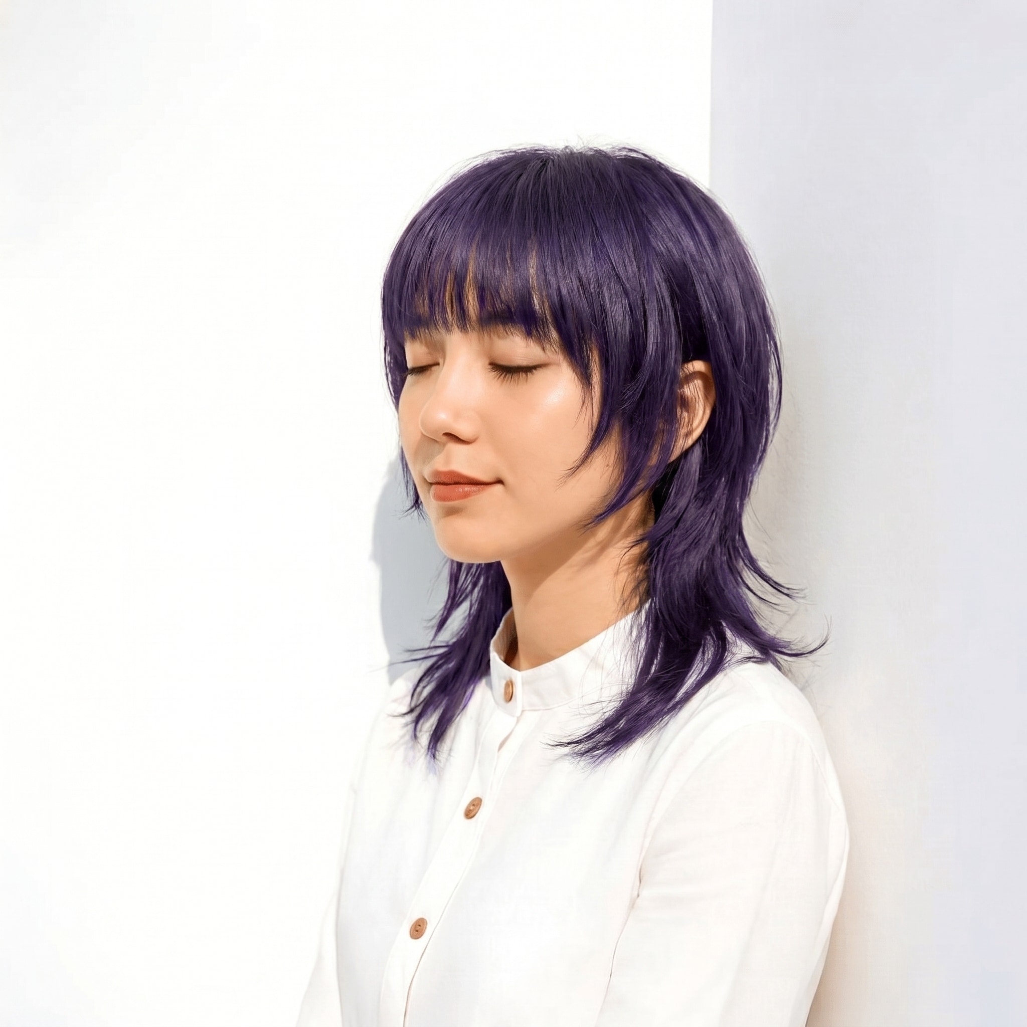3. ラベンダーグレージュ×ミディアムウルフ: 深みカラーで透け感を楽しむスタイル