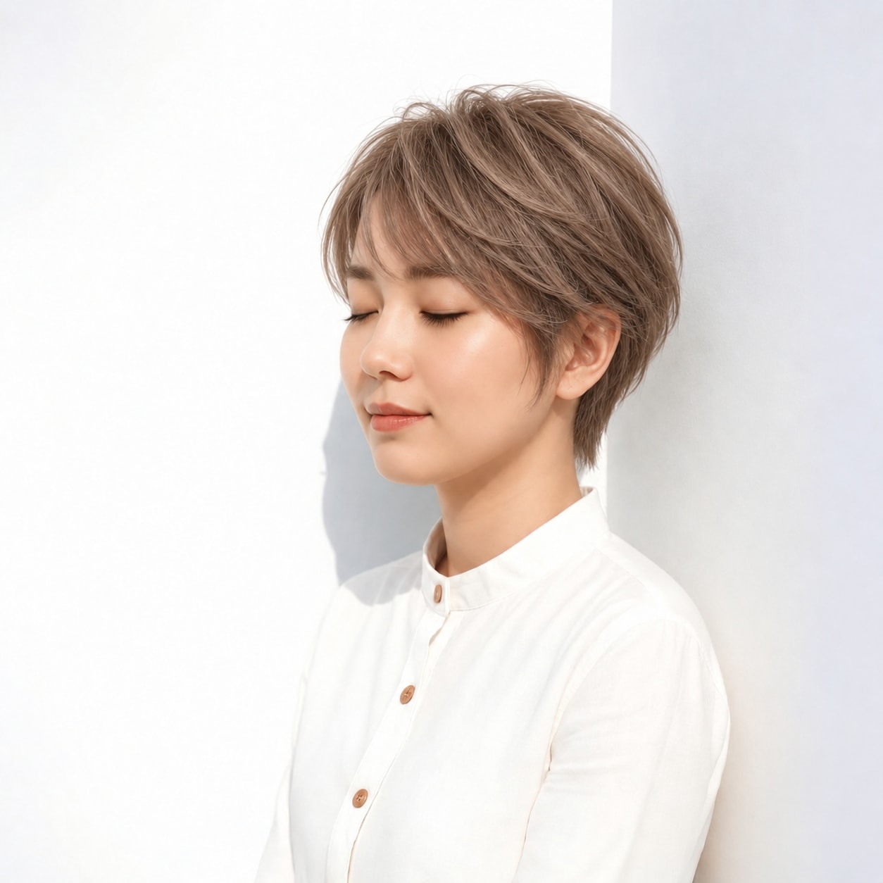 3. レイヤーショート × ライトブラウン：ふんわりした表面で軽快な立体感