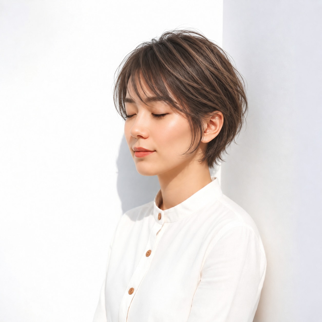 レイヤーショート × 斜めに流す前髪：軽やかで知的に