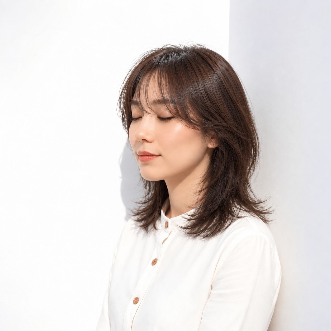 レイヤーミディアム × 斜め前髪：顔まわりに優しい動きを