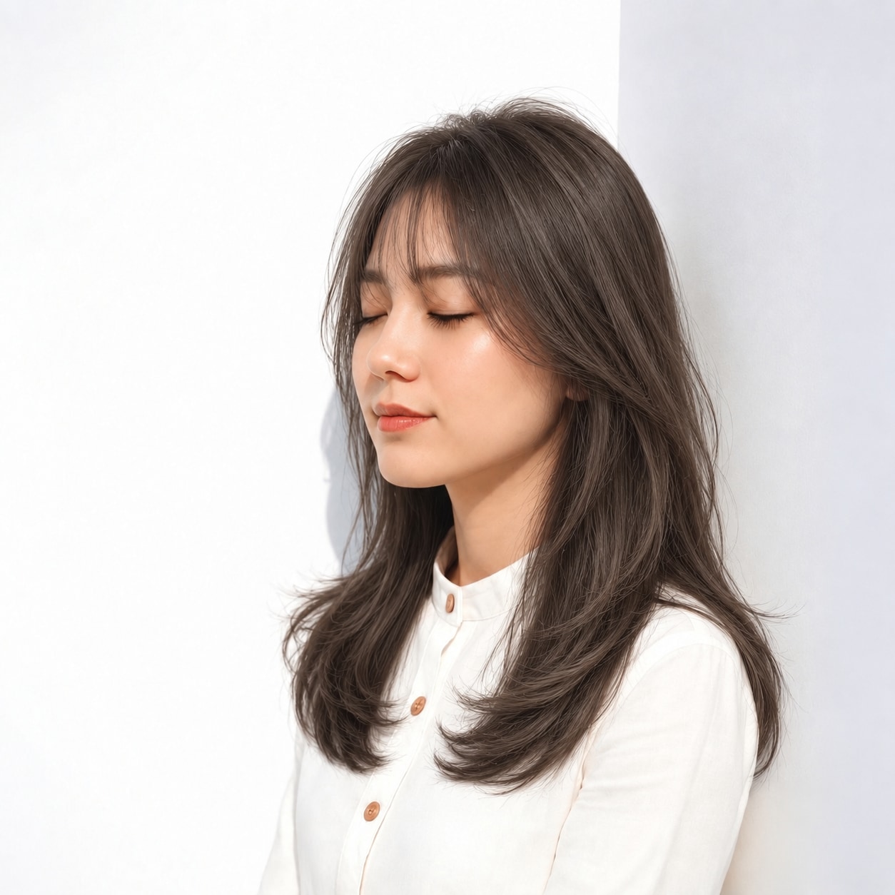 3. レイヤーロング × アッシュブラウン：頬から続く曲線で上品に