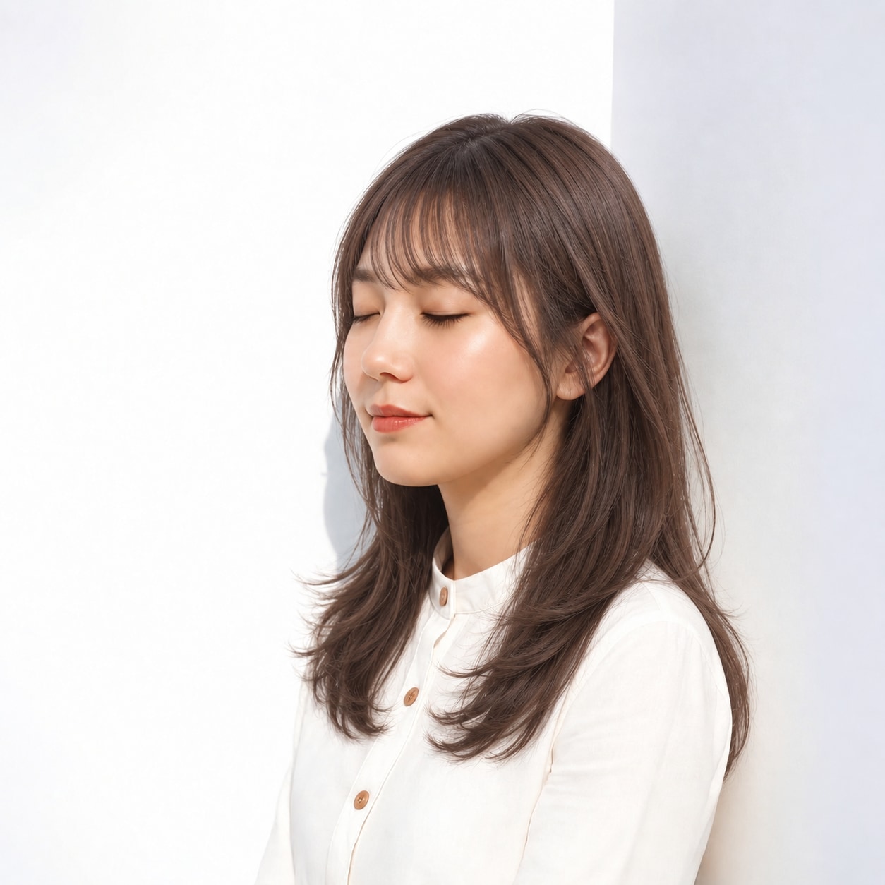 3. レイヤーロング × モカブラウン：頬下の動きで軽やかな長さを