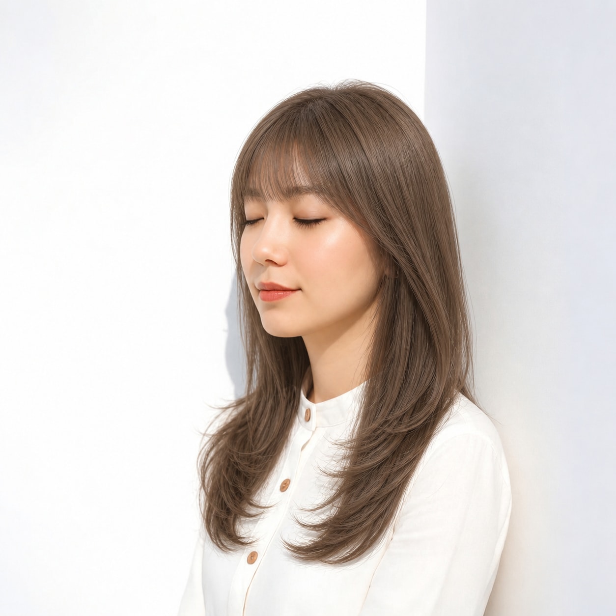 3. ロングレイヤー × 前髪あり × 内巻き：動きを残しながらも輪郭が散らず、端正にまとまります