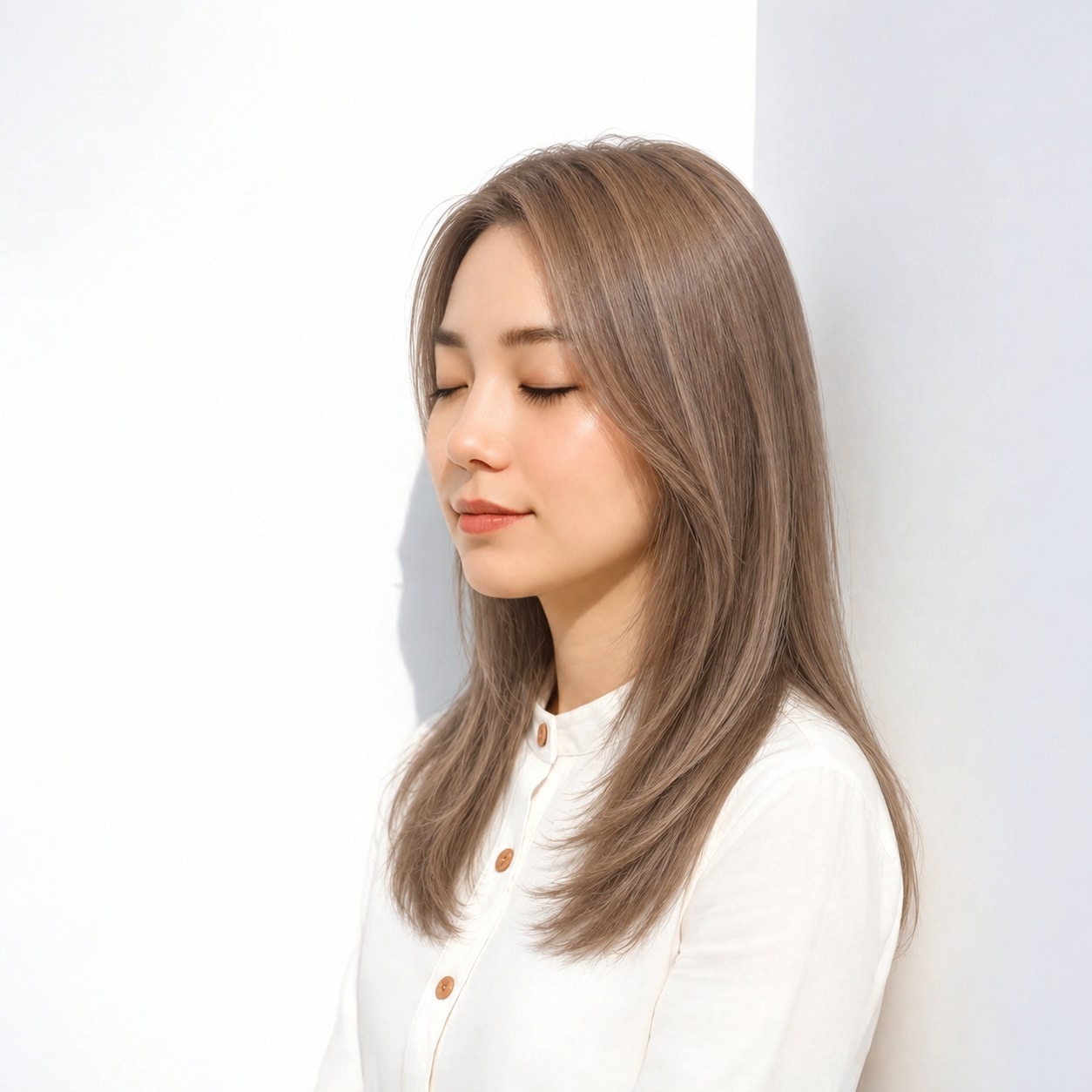 3. ロングレイヤー × 前髪なし × 内巻き：動きを残しながらも輪郭が散らず、端正にまとまります