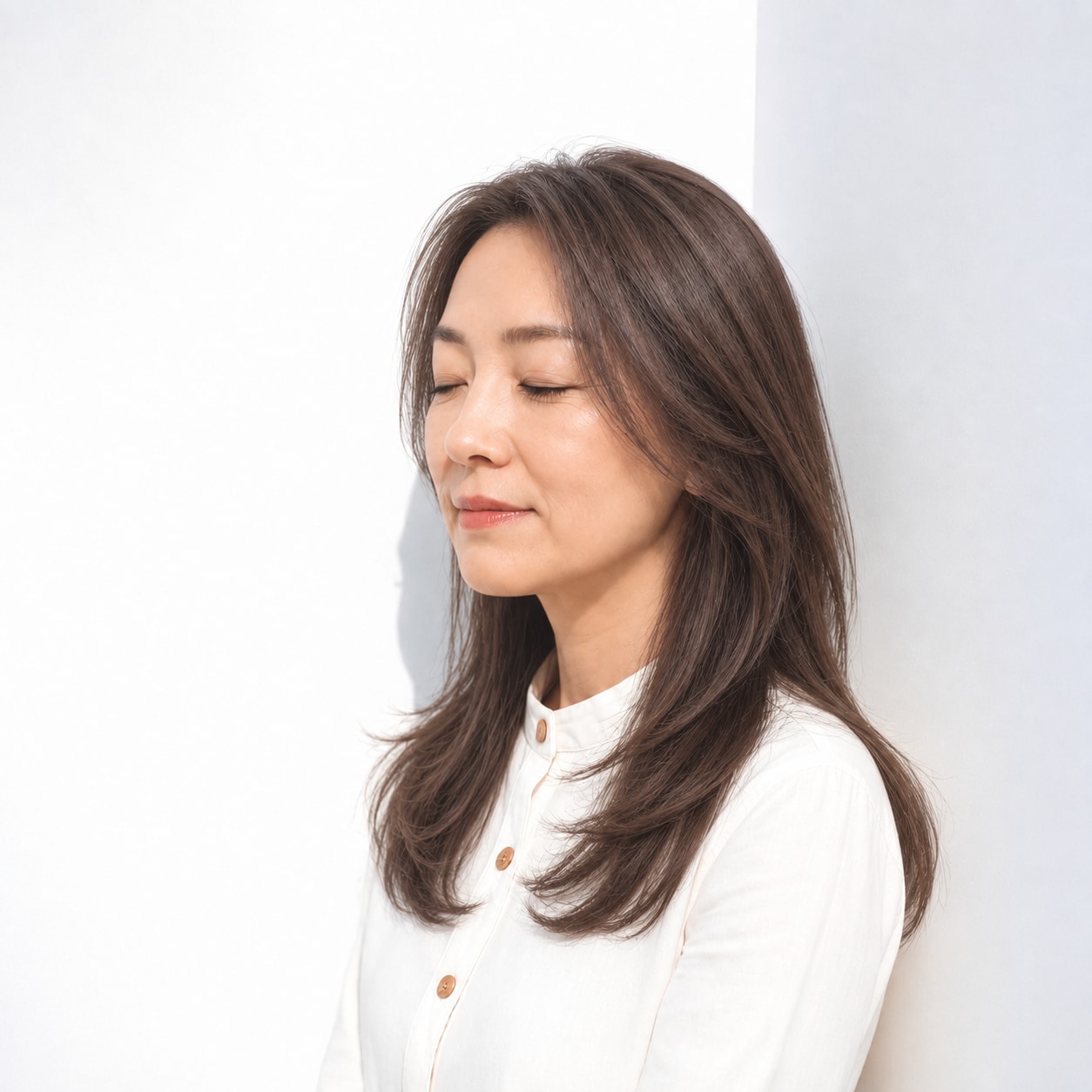 3. ロングレイヤー × 前髪なし × 内側へおさまる毛先