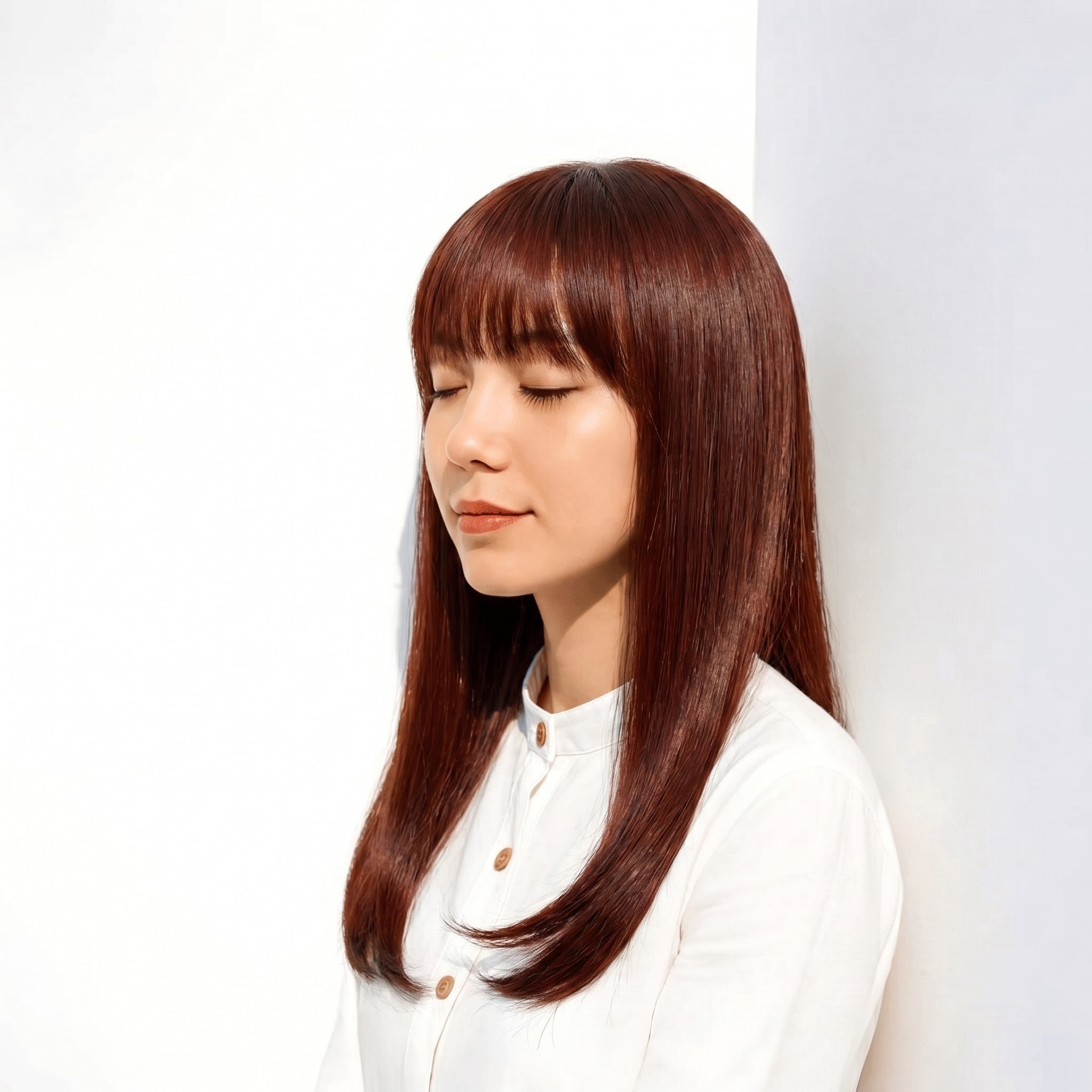 3. ローズブラウン×ロングストレート: 柔らかな映りで落ち着いた印象に