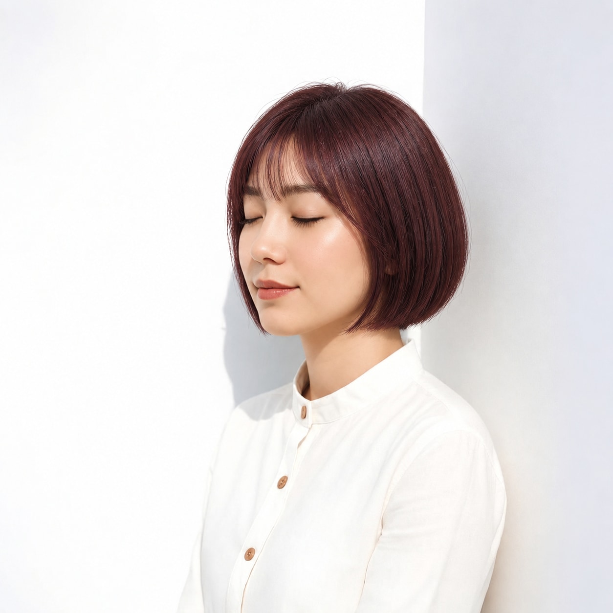 3. 丸みボブ × レッドブラウン：なめらかな厚みで深い赤みが引き立つ