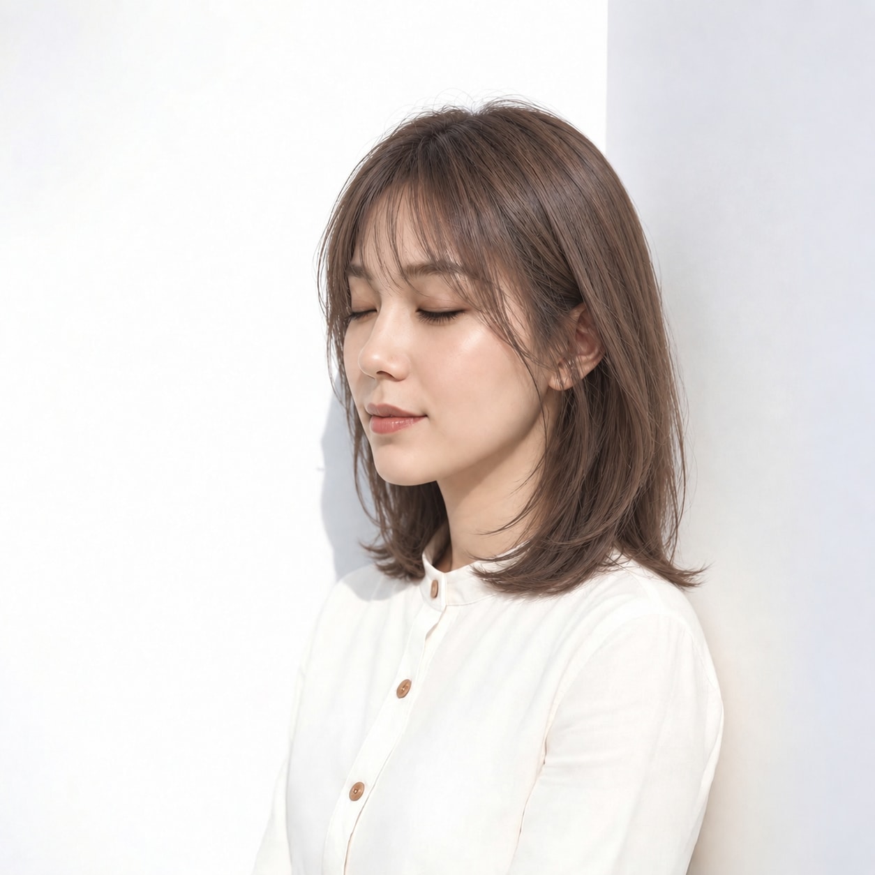 2. 内巻きミディアム × グレーブラウン：頬に沿う髪が輪郭をやさしく包む