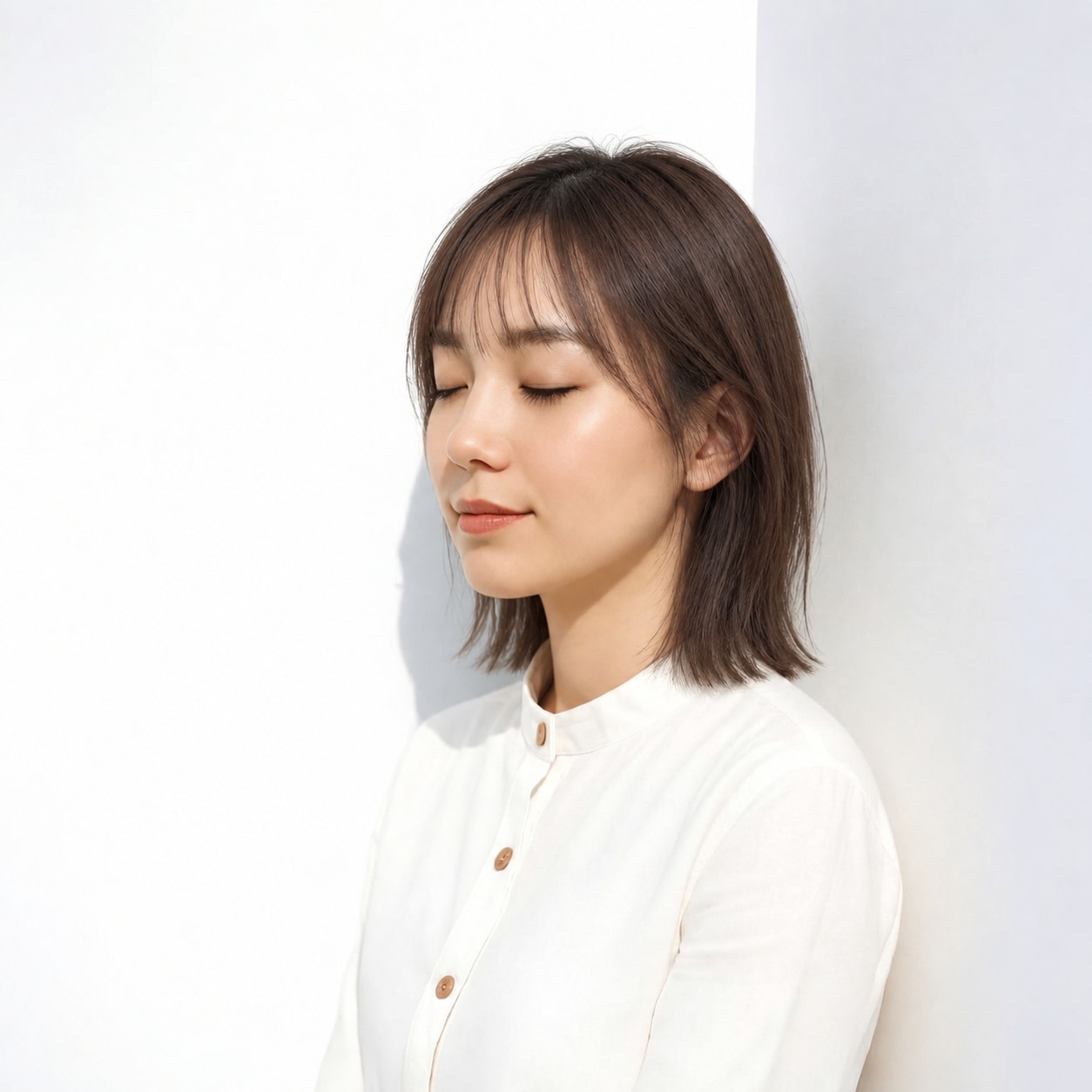 3. 切りっぱなしミディアム × 前髪あり × シースルーバング：額にすき間ができ、レイヤーの軽さが顔まわりまで続きます