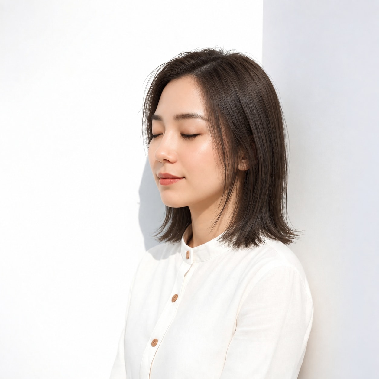 3. 切りっぱなしミディアム × 前髪なし × 表面レイヤー：髪の面が一枚に沈まず、横から見ても立体感が続きます