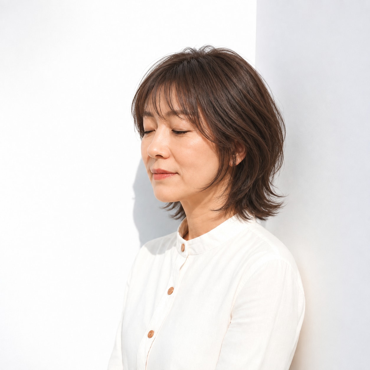 薄めの前髪とあご脇の毛束、外へ動く襟足のウルフボブ