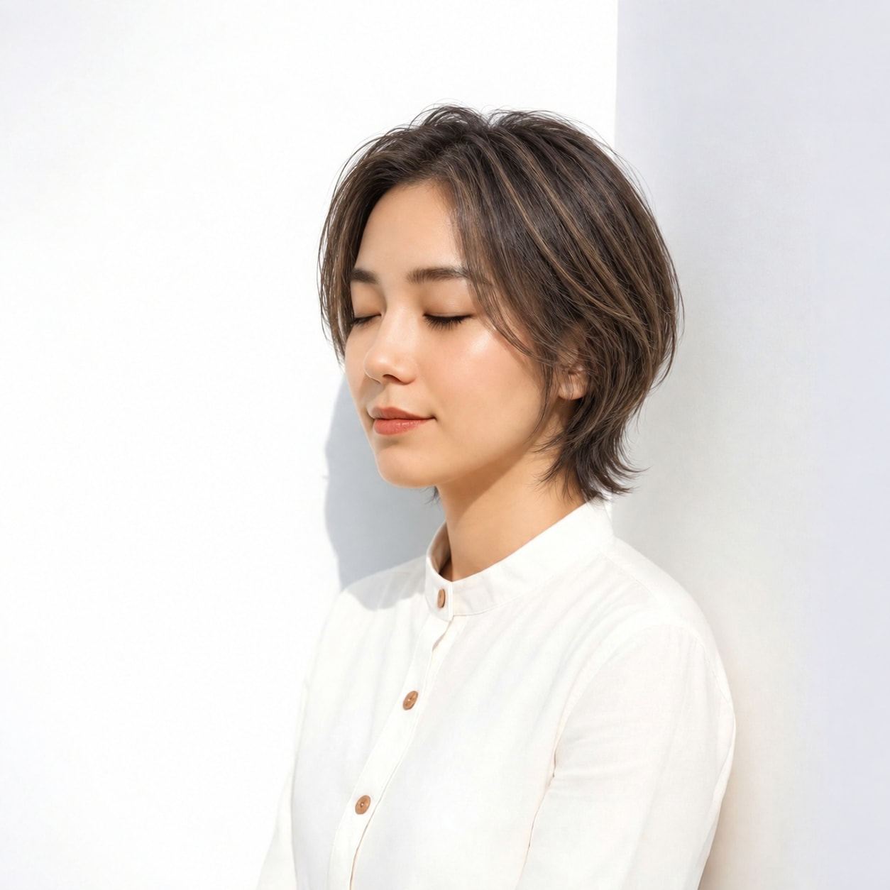 暗めブラウン系のウルフボブ。頬横の短い毛束と襟足