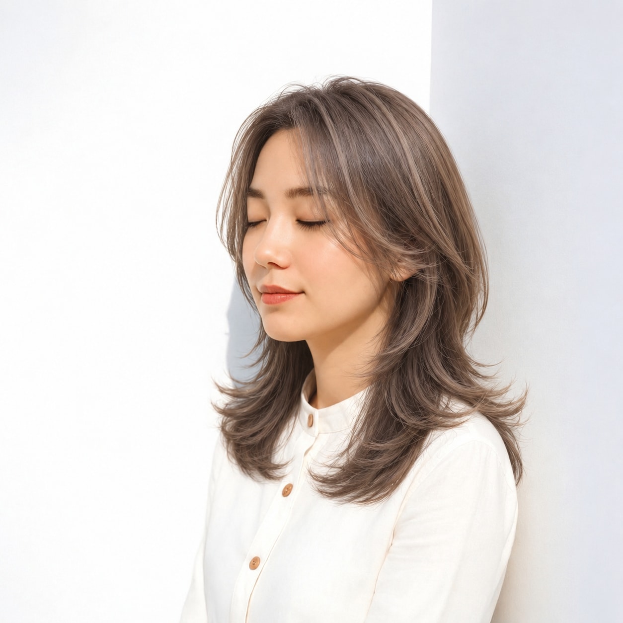 3. 前髪なしセミロング × アッシュブラウン：大きく流れる毛先で優雅な甘さ