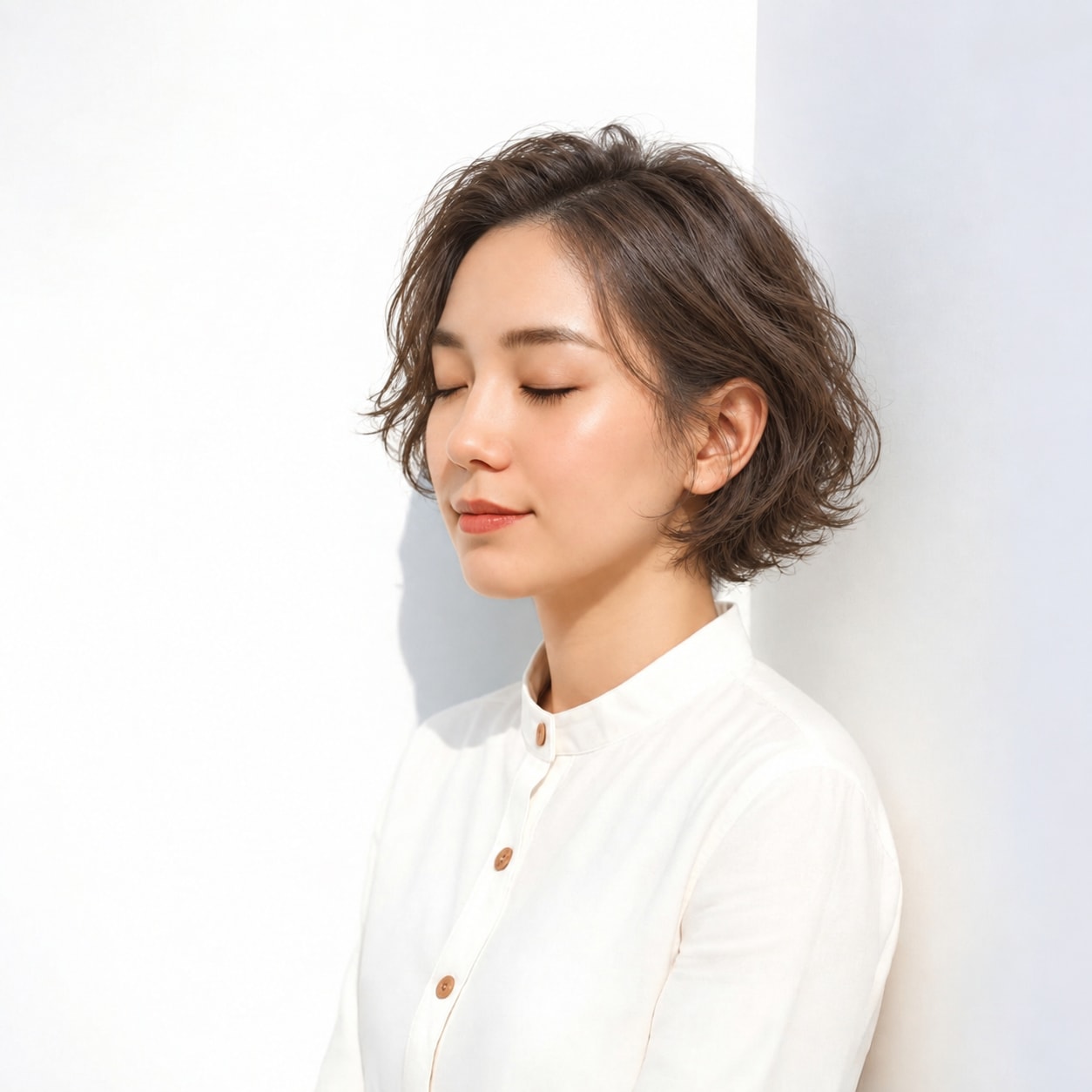 サイド分けで顔まわりの髪を流した、前髪なしのボブ