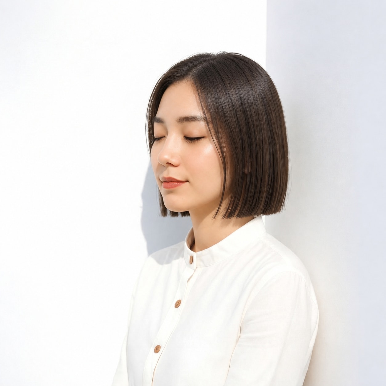 3. 前髪なし切りっぱなしボブ × ワンカール：丸くなりすぎず、ボブの直線とやわらかさを両立できます