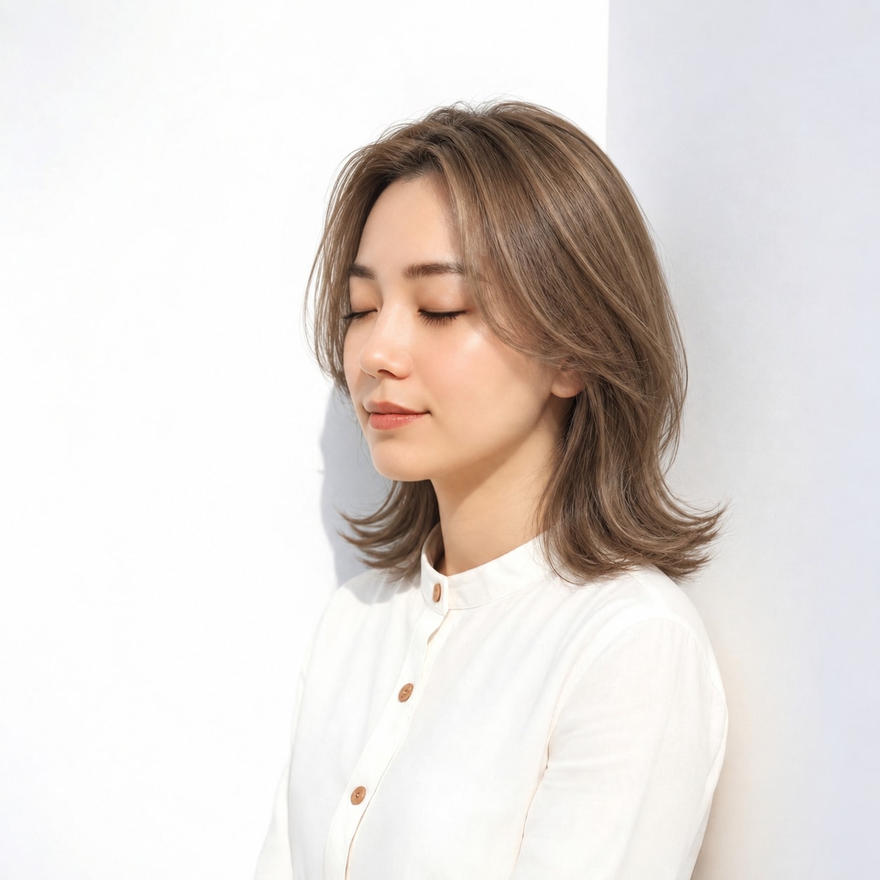 3. 外ハネミディアム × 前髪なし × 表面レイヤー：髪の面が一枚に沈まず、横から見ても立体感が続きます