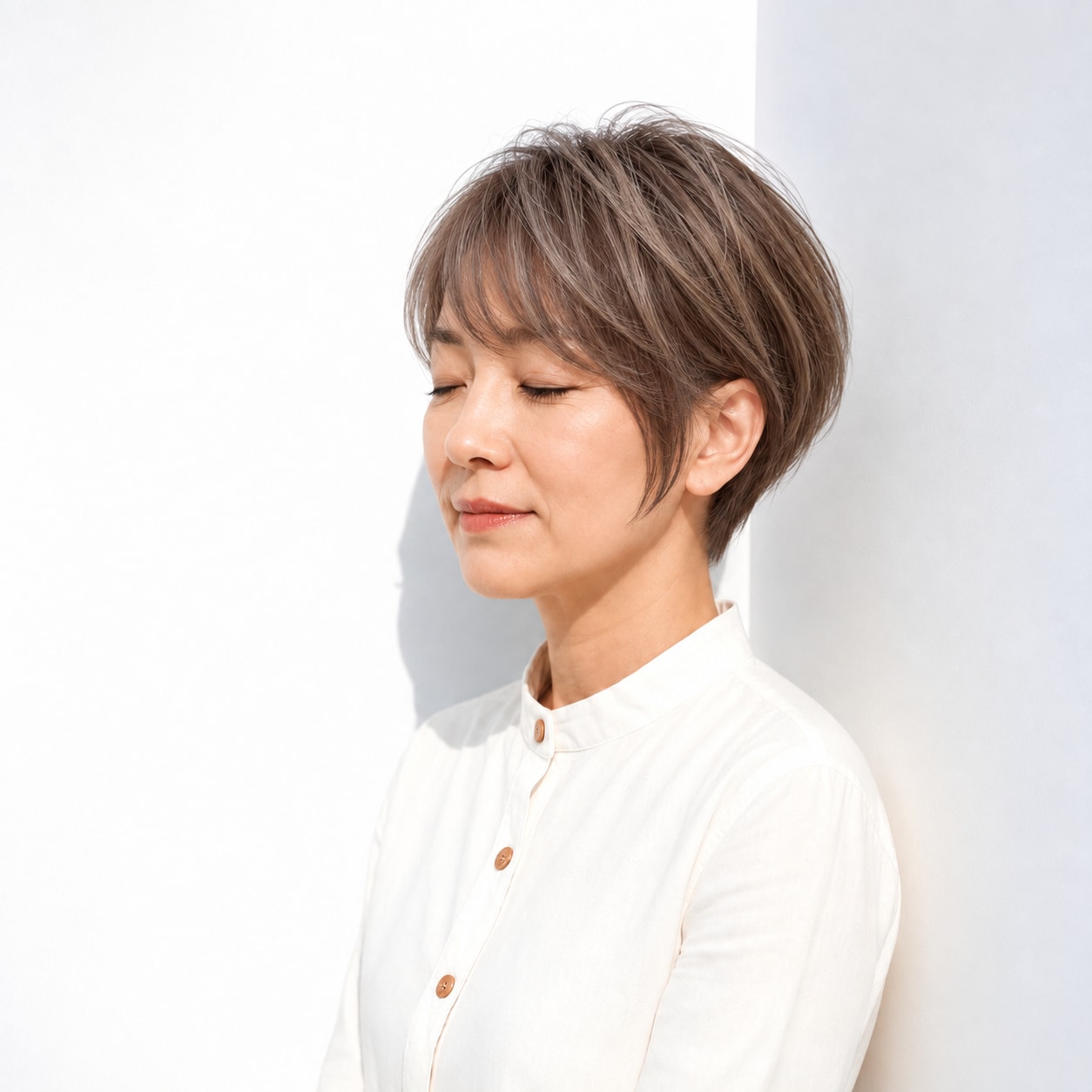 薄めの流し前髪がやさしい印象の丸みショート