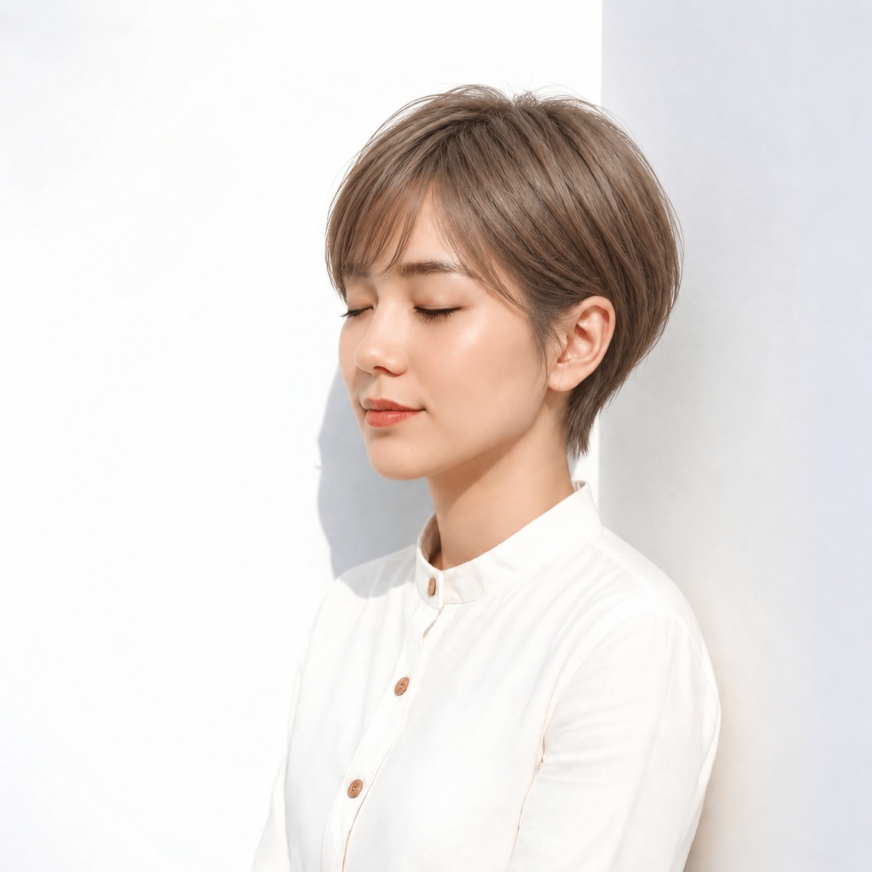 3. 流し前髪ショート × アッシュブラウン：斜めのラインで端正に