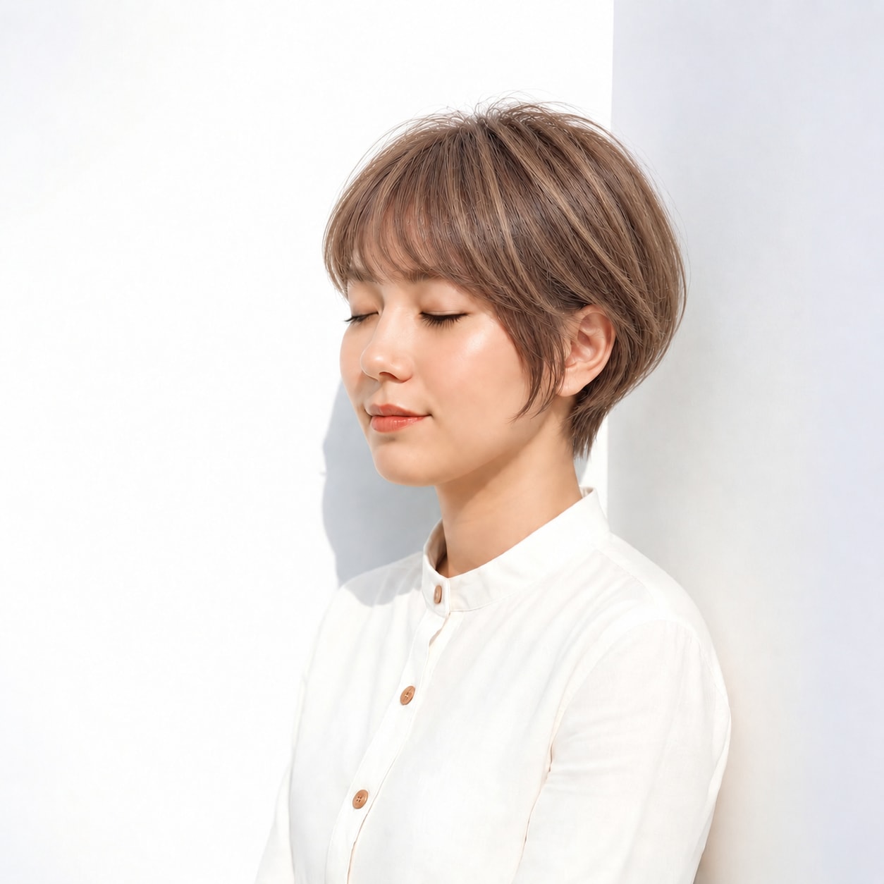 3. 流し前髪ショート × ライトブラウン：斜めのラインで軽く