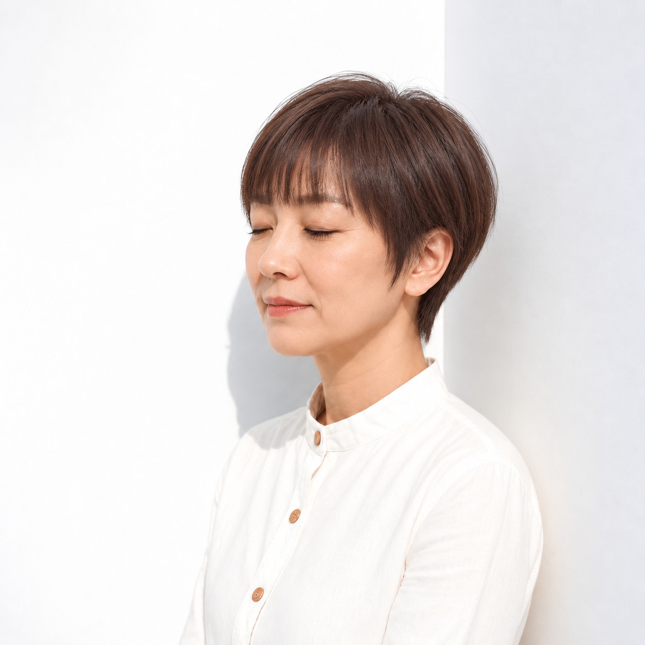 3. 目元でそろえる前髪 × コンパクトショート：端正な印象に