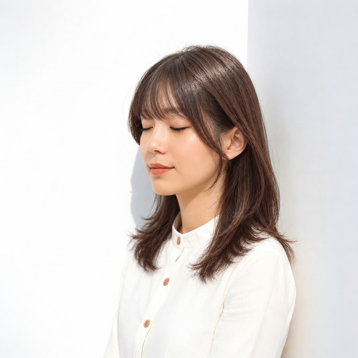 1. 前髪ありロング × 内巻き触覚：顔まわりをやさしく整える