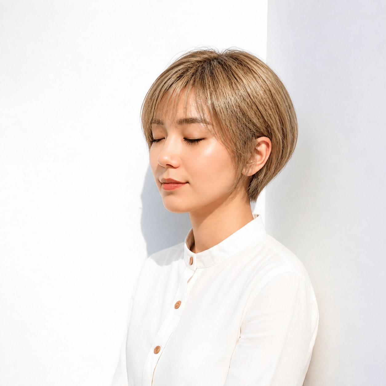 3. 面長ボブ × 前髪あり × ベージュショート：明るく軽やか