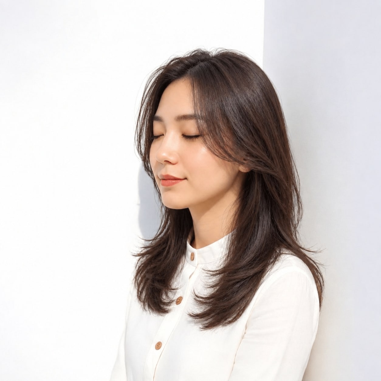 3. 顔まわりレイヤー × ロング × 表面から重なる段差：髪の面が一枚に沈まず、横から見ても立体感が続きます