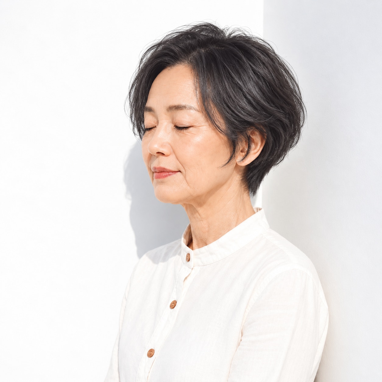 3. 黒髪ショート × 横流し：ゆるい毛流れが立体感をつくる