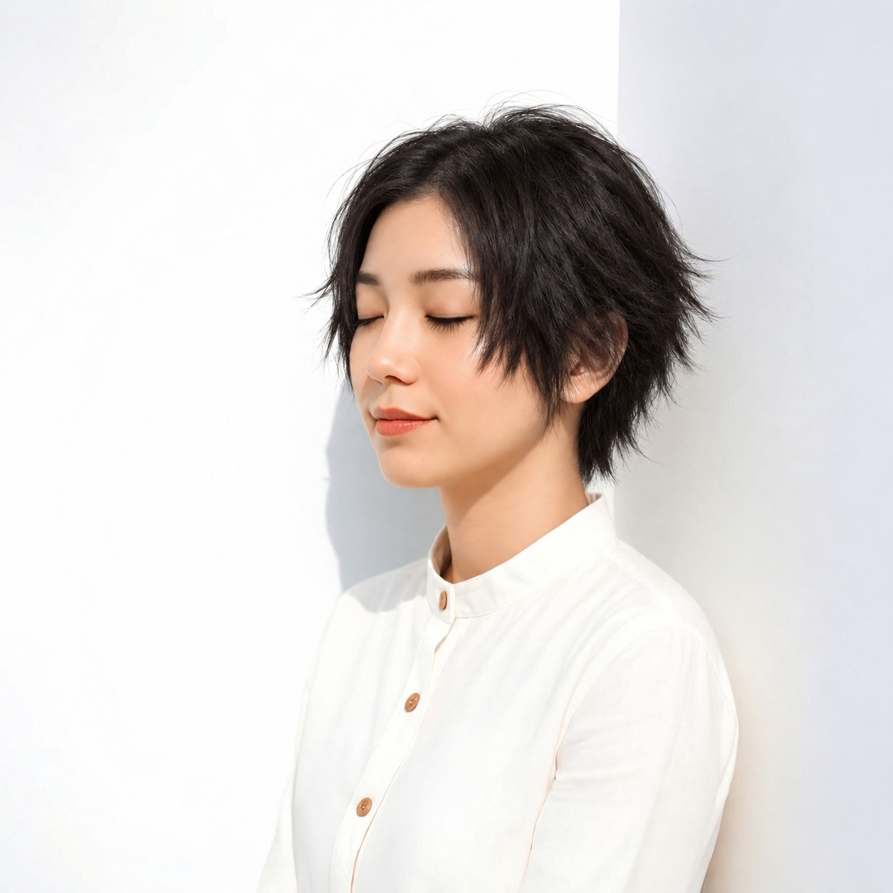 3. 黒髪ショートウルフ × センターパート：鋭い毛先でクールに