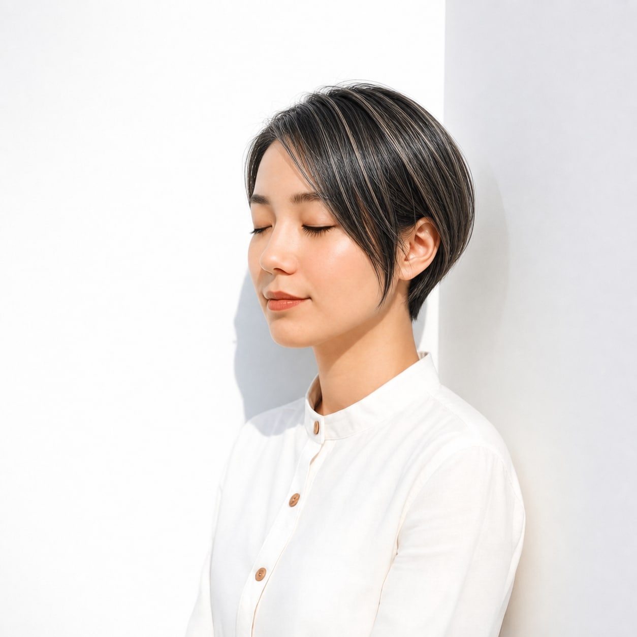 3. 黒髪ハイライト×ショート: 細かい明るいラインで白髪がなじみやすい