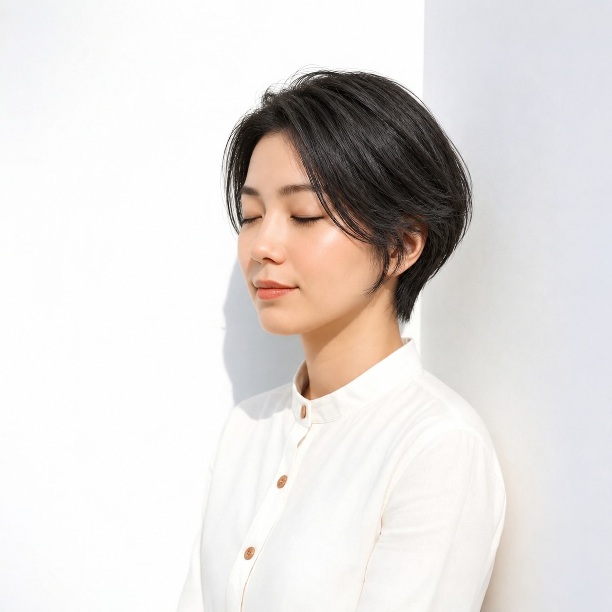 3. 黒髪レイヤーショート × 横分け：後ろへ流れる髪が黒髪の表情を和らげる