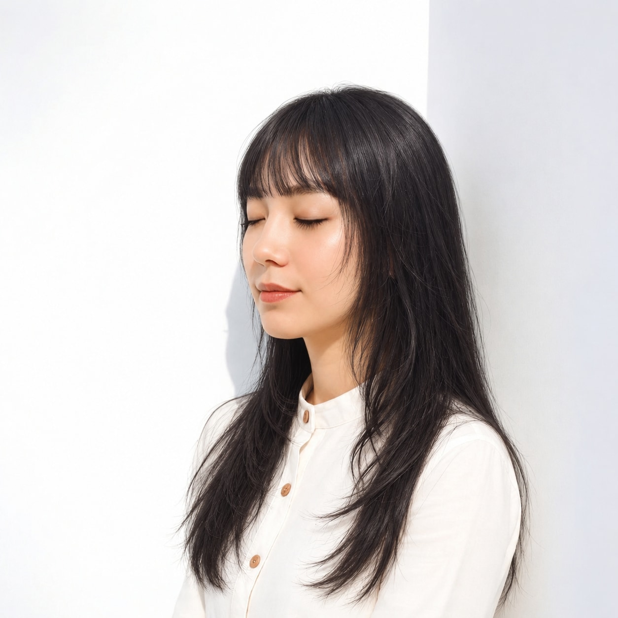 3. 黒髪レイヤーロング × ぱっつん前髪：目元を印象的に見せる