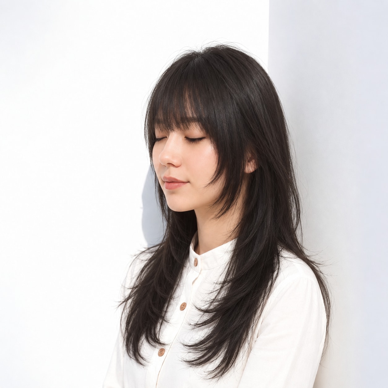 3. 黒髪レイヤーロング × フルバング：目元が印象的なスタイル