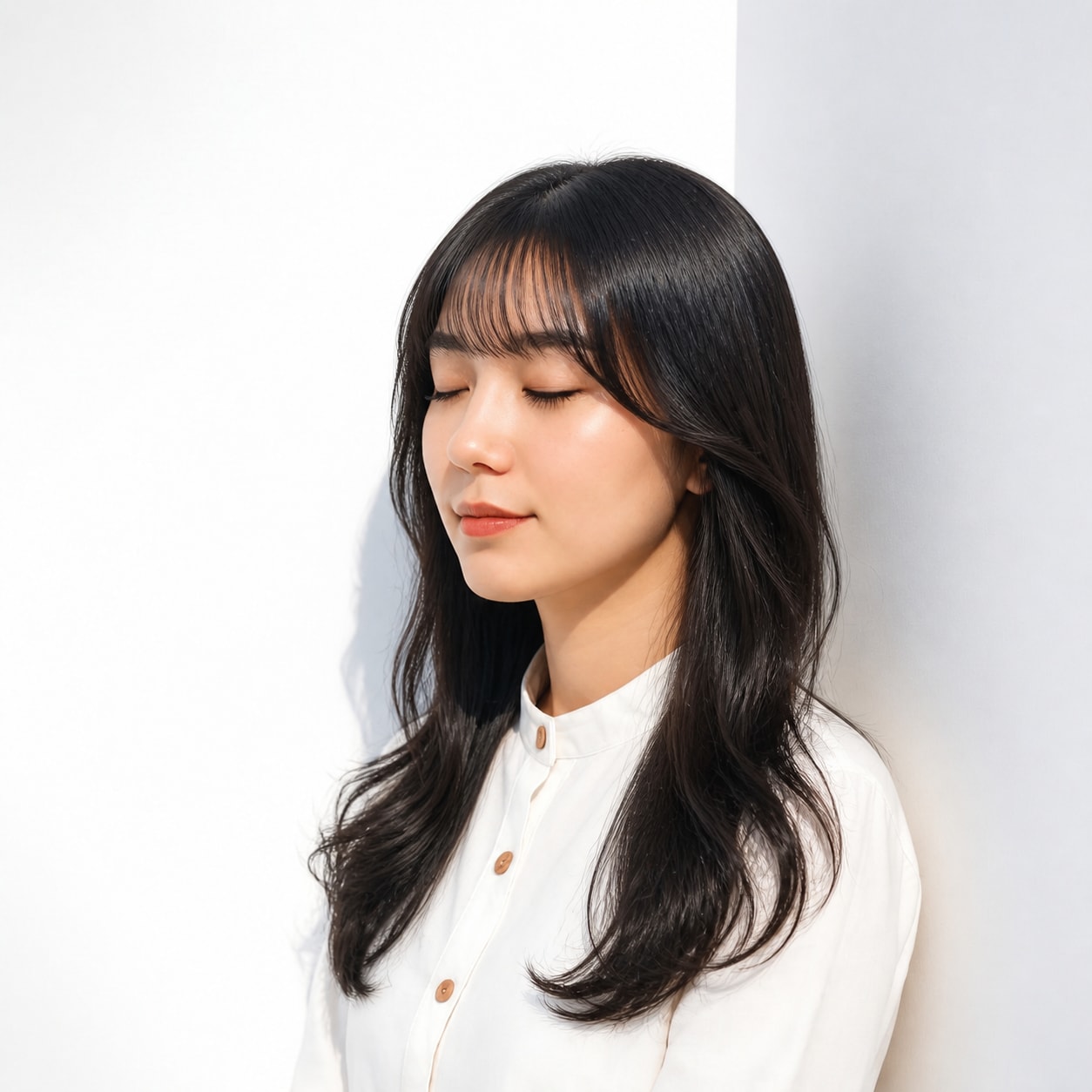 3. 黒髪ロング × 薄め前髪ウェーブ：やわらかく見せる
